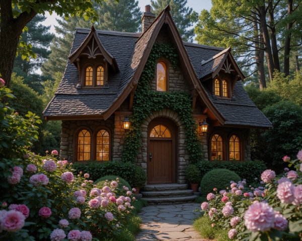 Charming Stone Cottage Surrounded by Blooming Roses