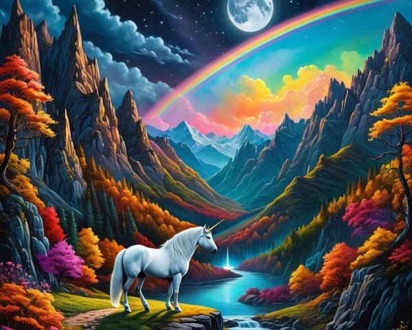 Majestic Unicorn by River in Autumn Landscape