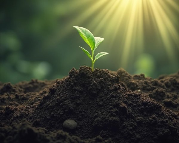 Green Seedling Emerging from Dark Soil in Sunlight