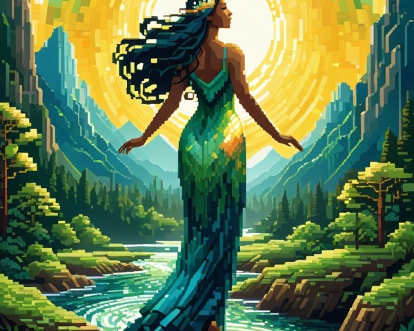 Pixel Art of a Woman by a Tranquil River Scene