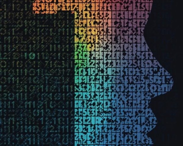 Silhouette of a face with colorful binary code design
