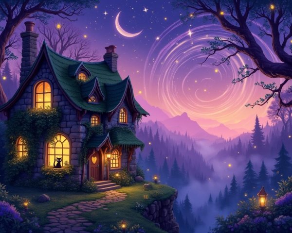 Whimsical Cottage with Twilight Sky and Black Cat