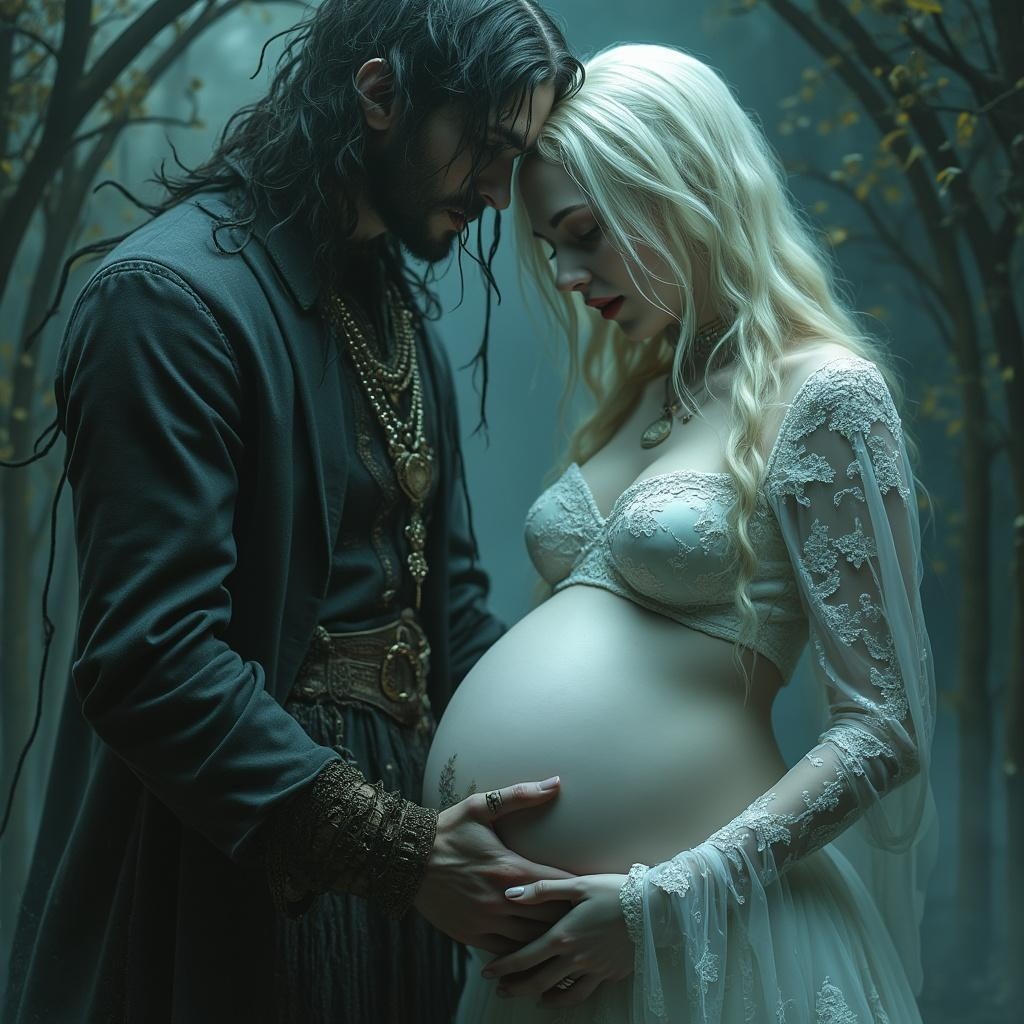 Couple in a mystical forest during a tender moment