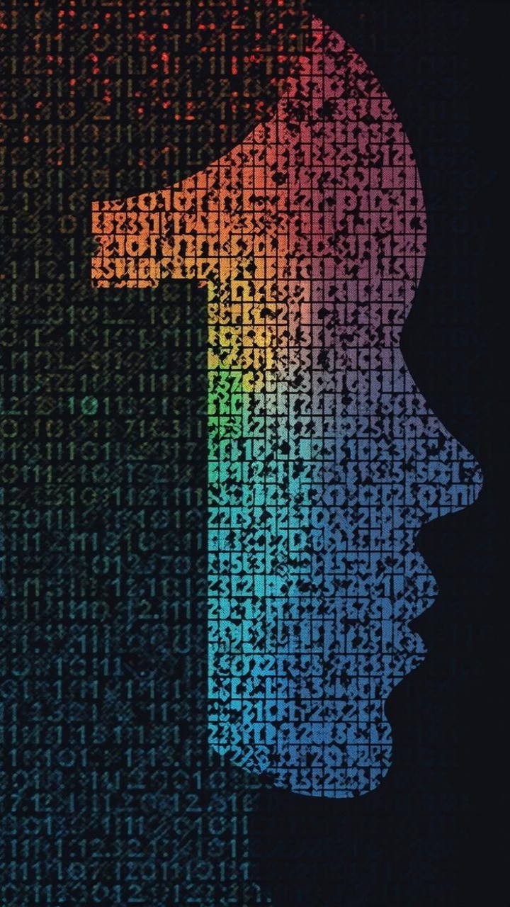 Silhouette of a face with colorful binary code design