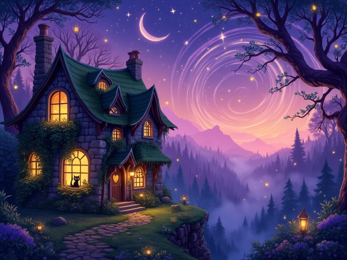Whimsical Cottage with Twilight Sky and Black Cat