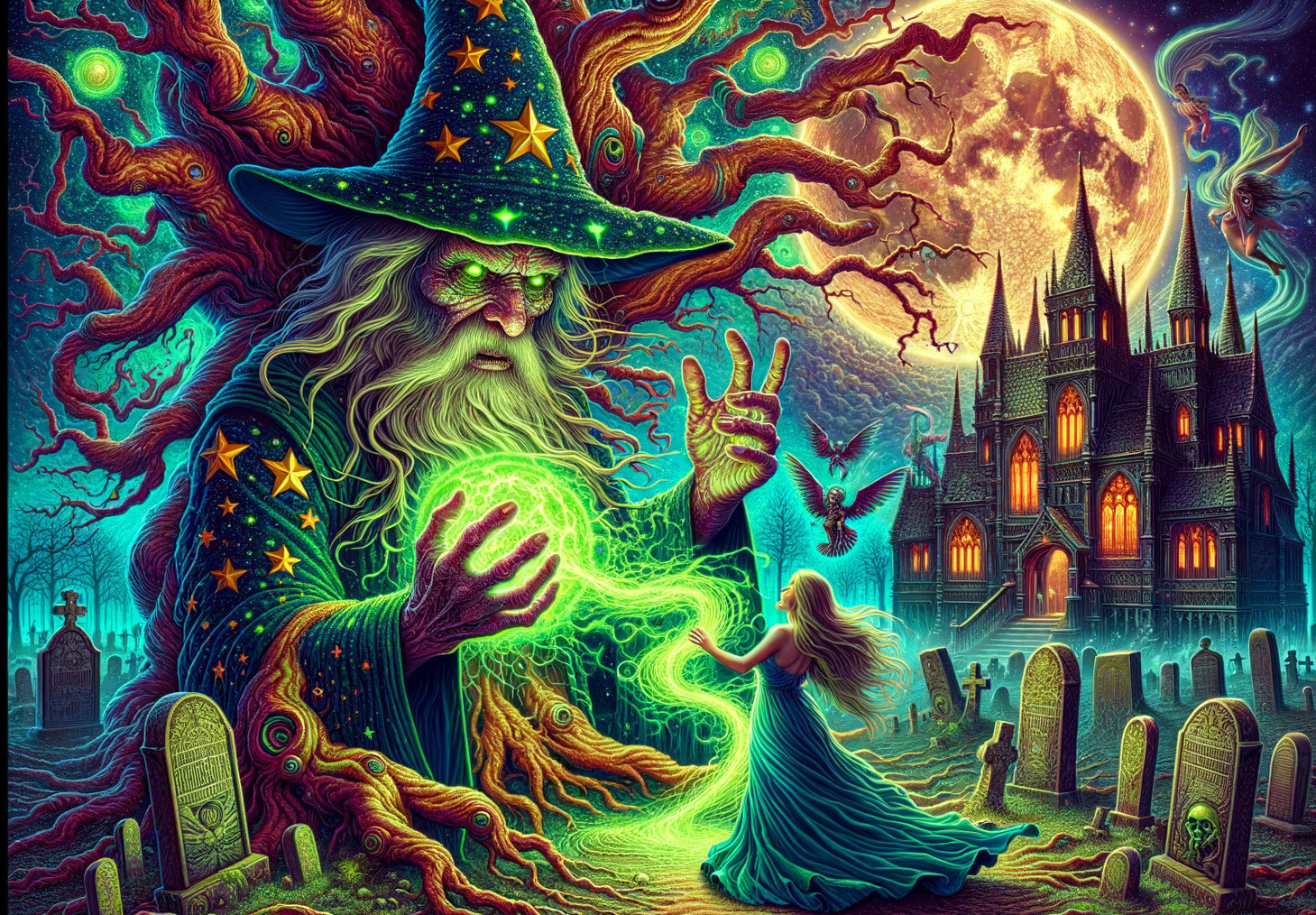 Mystical Wizard Conjures Magic in Enchanted Cemetery