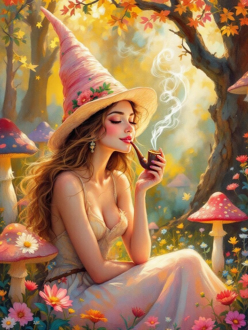 Whimsical Forest Scene with a Thoughtful Witch