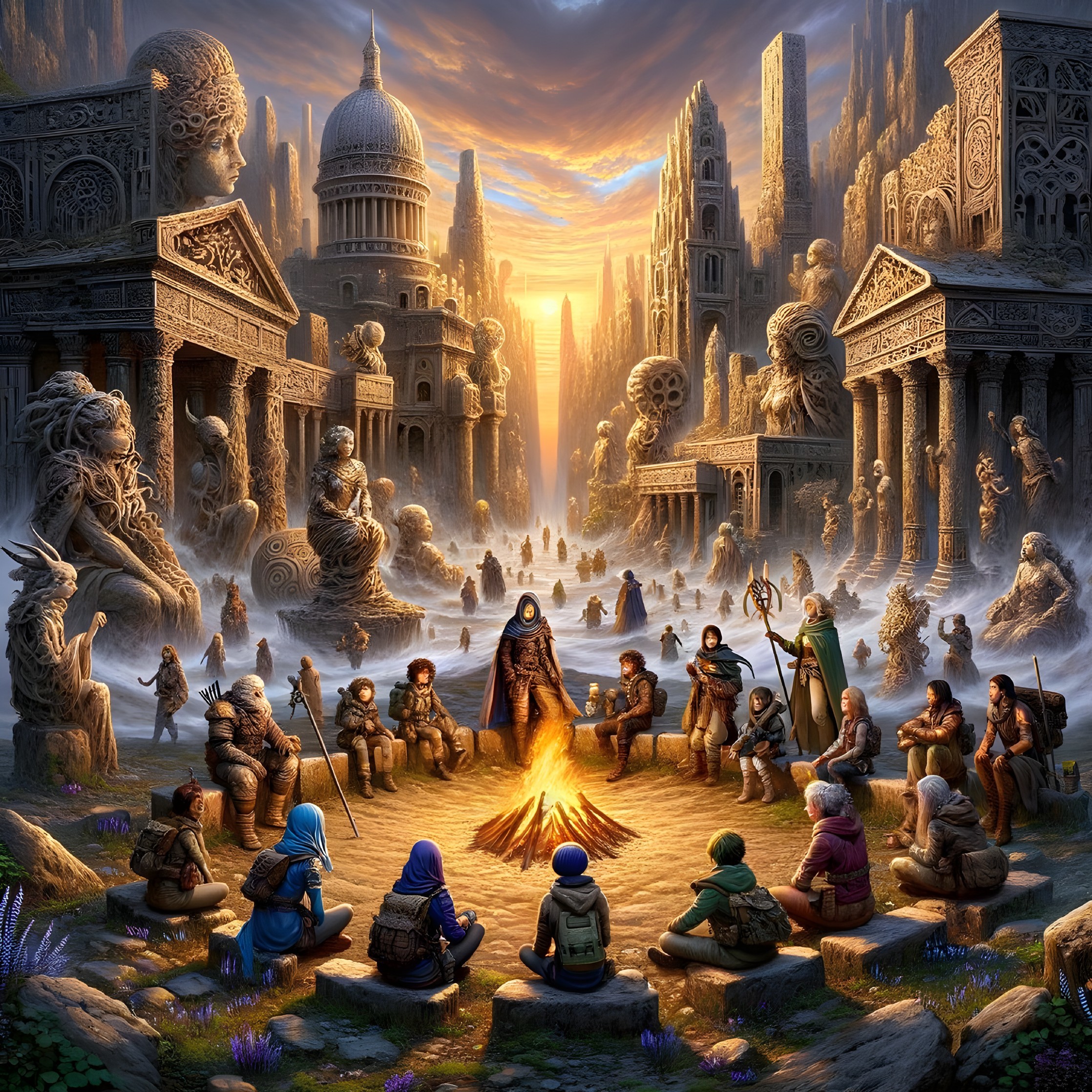 Gathering Around a Campfire in Mystical Ruins