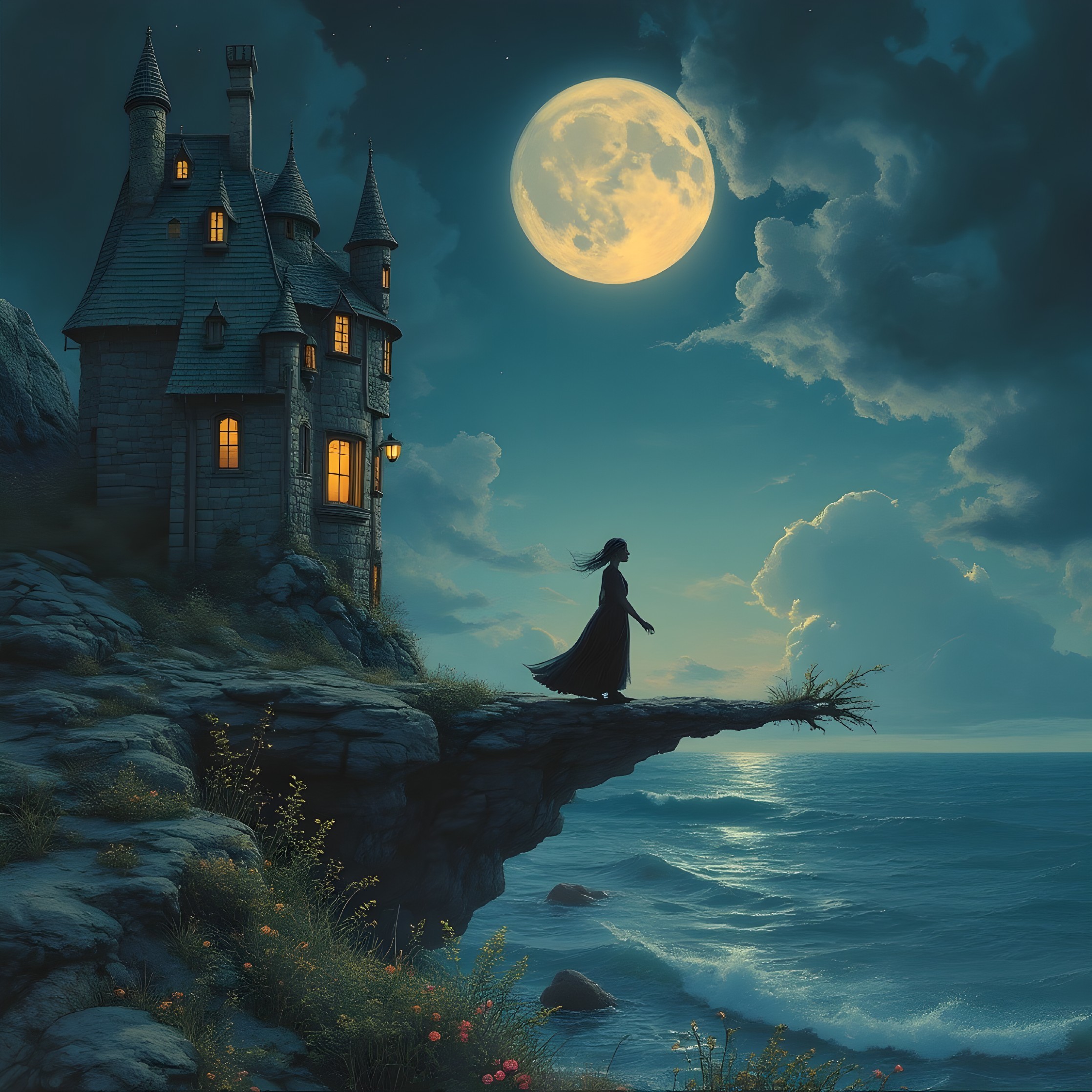 Woman in Black Gown on Cliff by Moonlit Castle