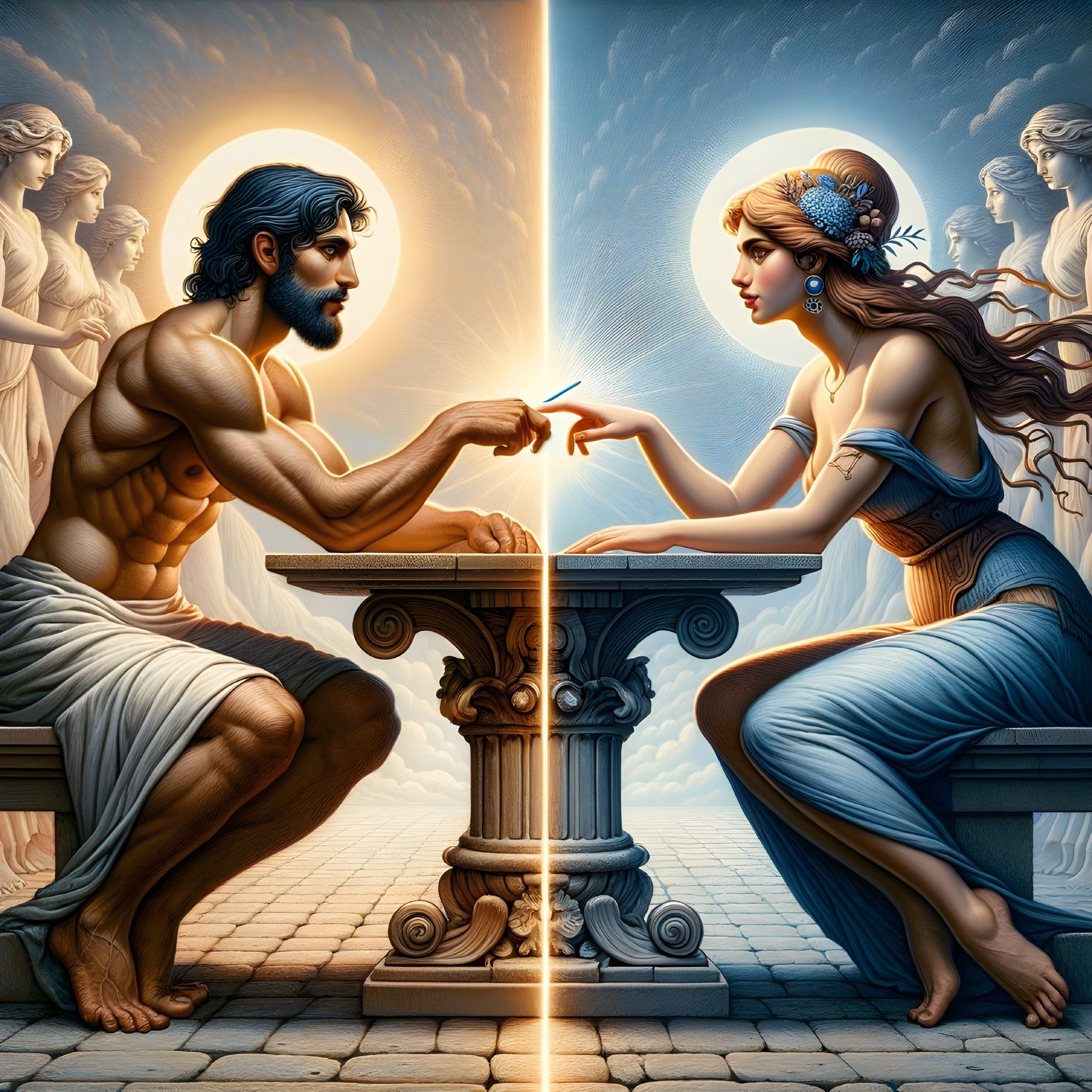 Dramatic Split Scene of Male and Female Figures Reaching Out