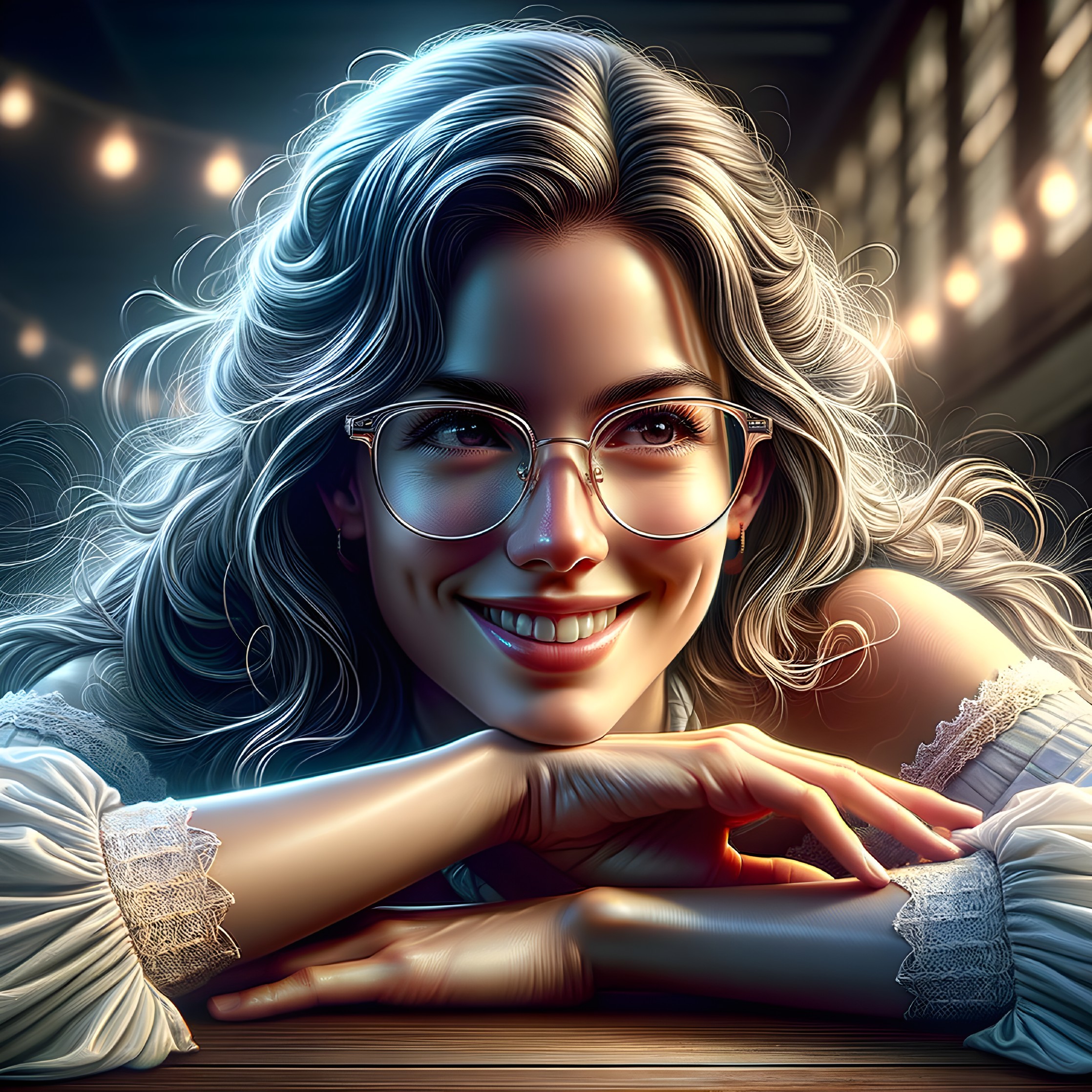 Young woman with wavy hair in cozy, warm setting