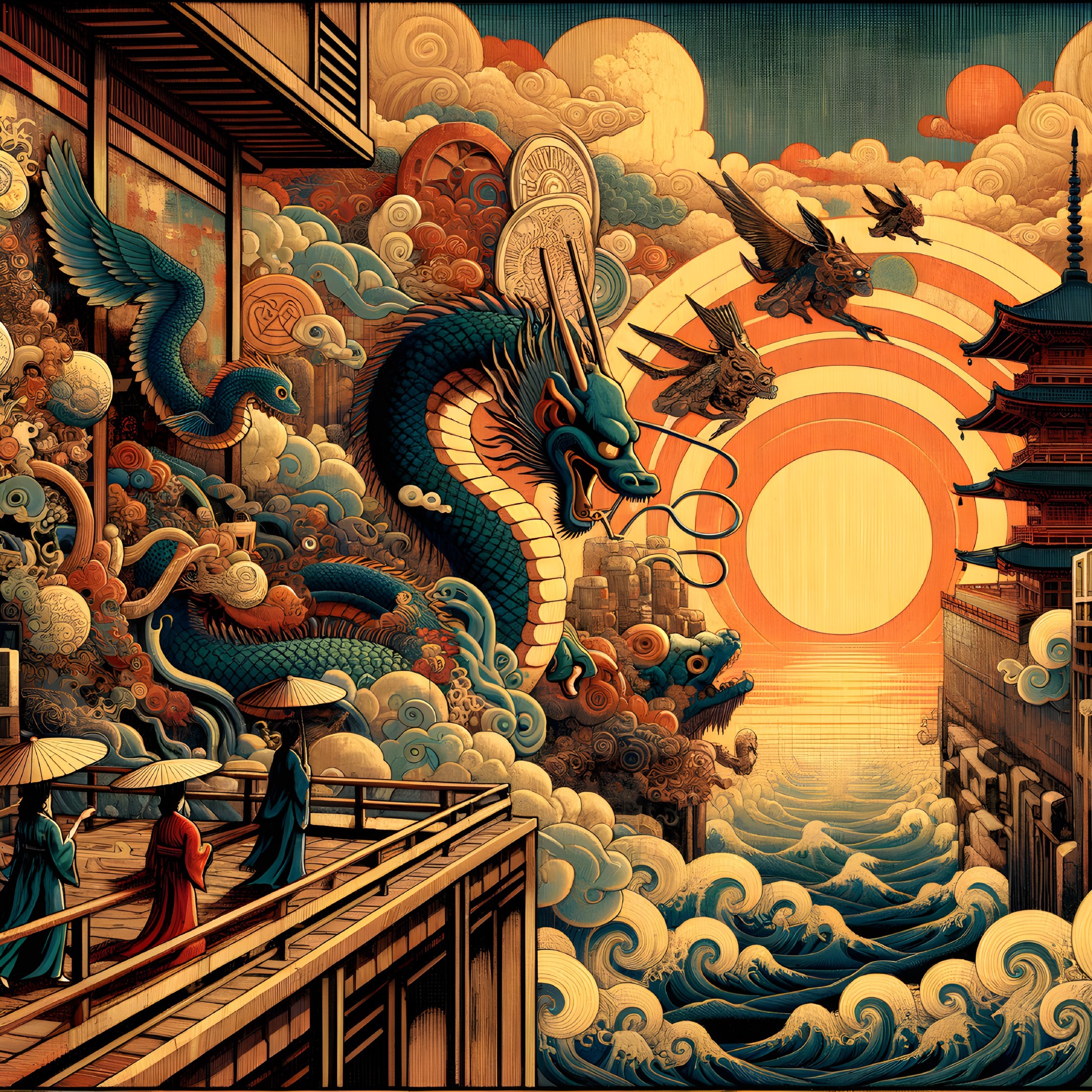 Dragon Among Clouds with Pagoda and Sunset Scene