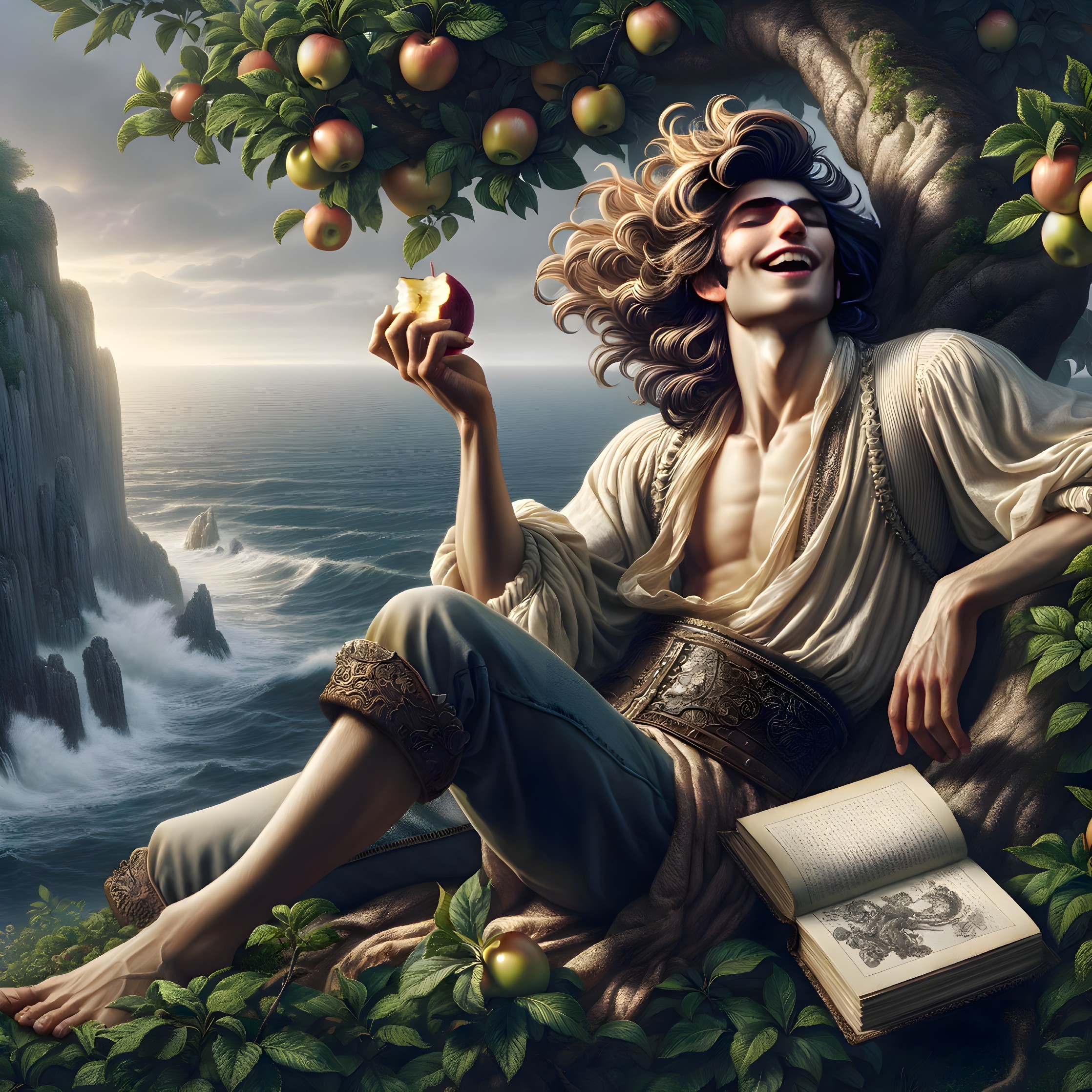 Young Man Relaxing on Tree Branch with Apples and Ocean