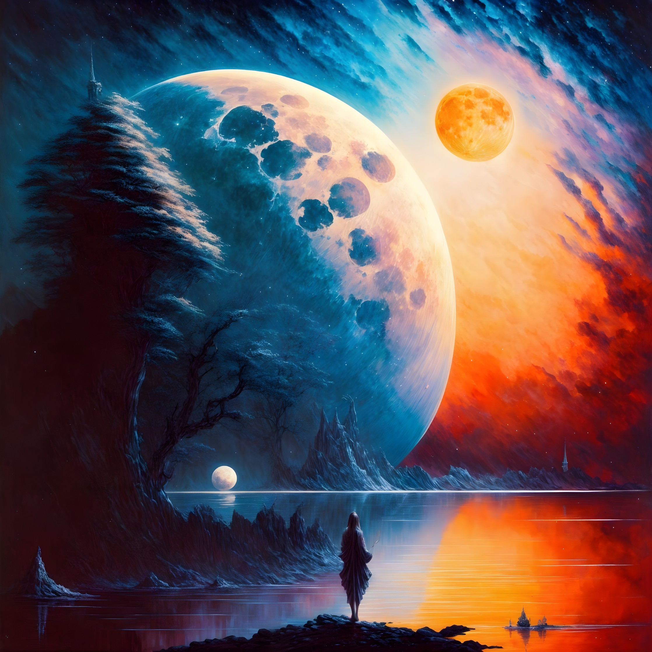 Surreal Cosmic Landscape with Two Moons and Lake