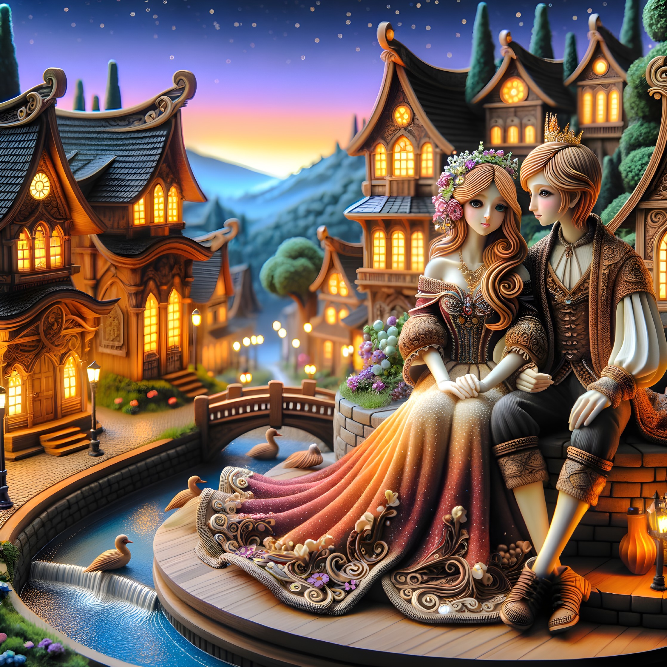 Charming Couple on a Bridge at Sunset Scene