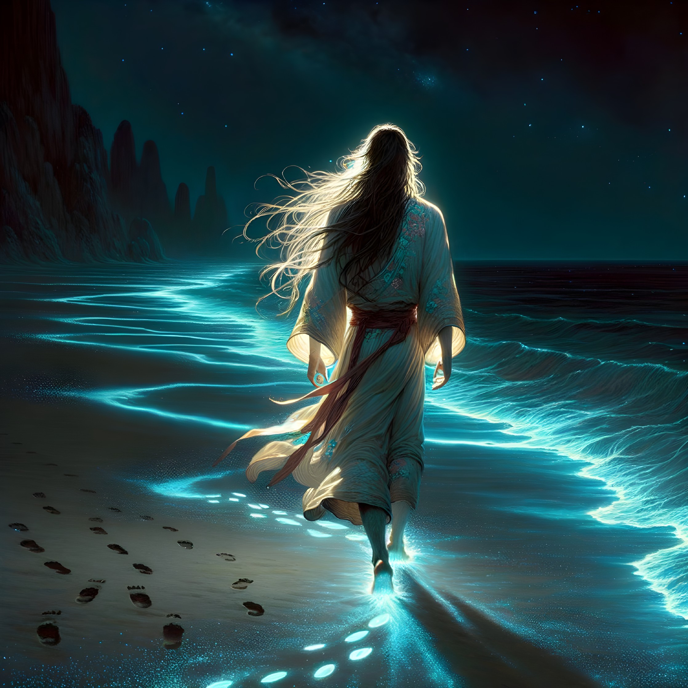 Solitary Figure Walking on a Luminous Night Beach