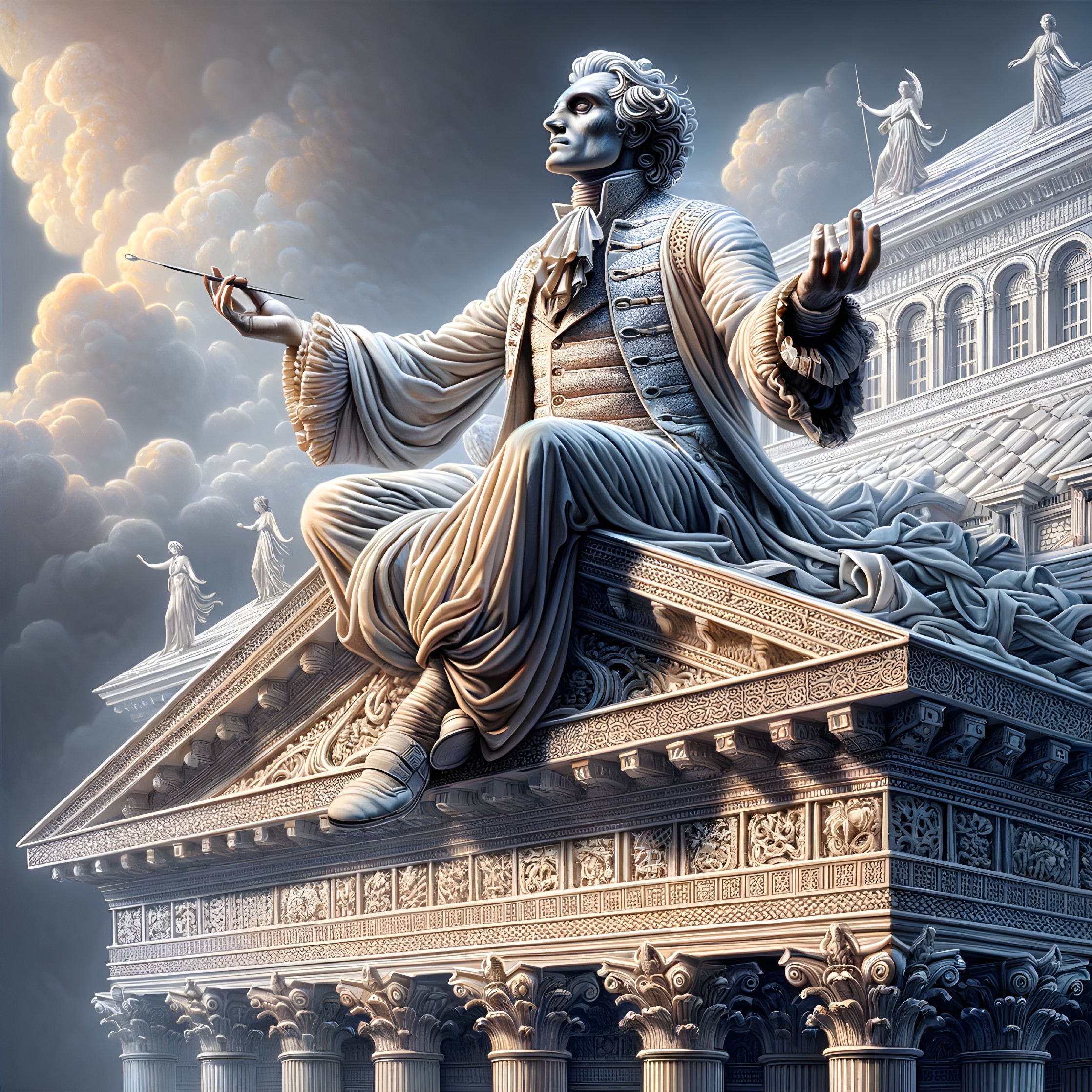 Majestic Figure in Classical Robes on Ornate Pediment