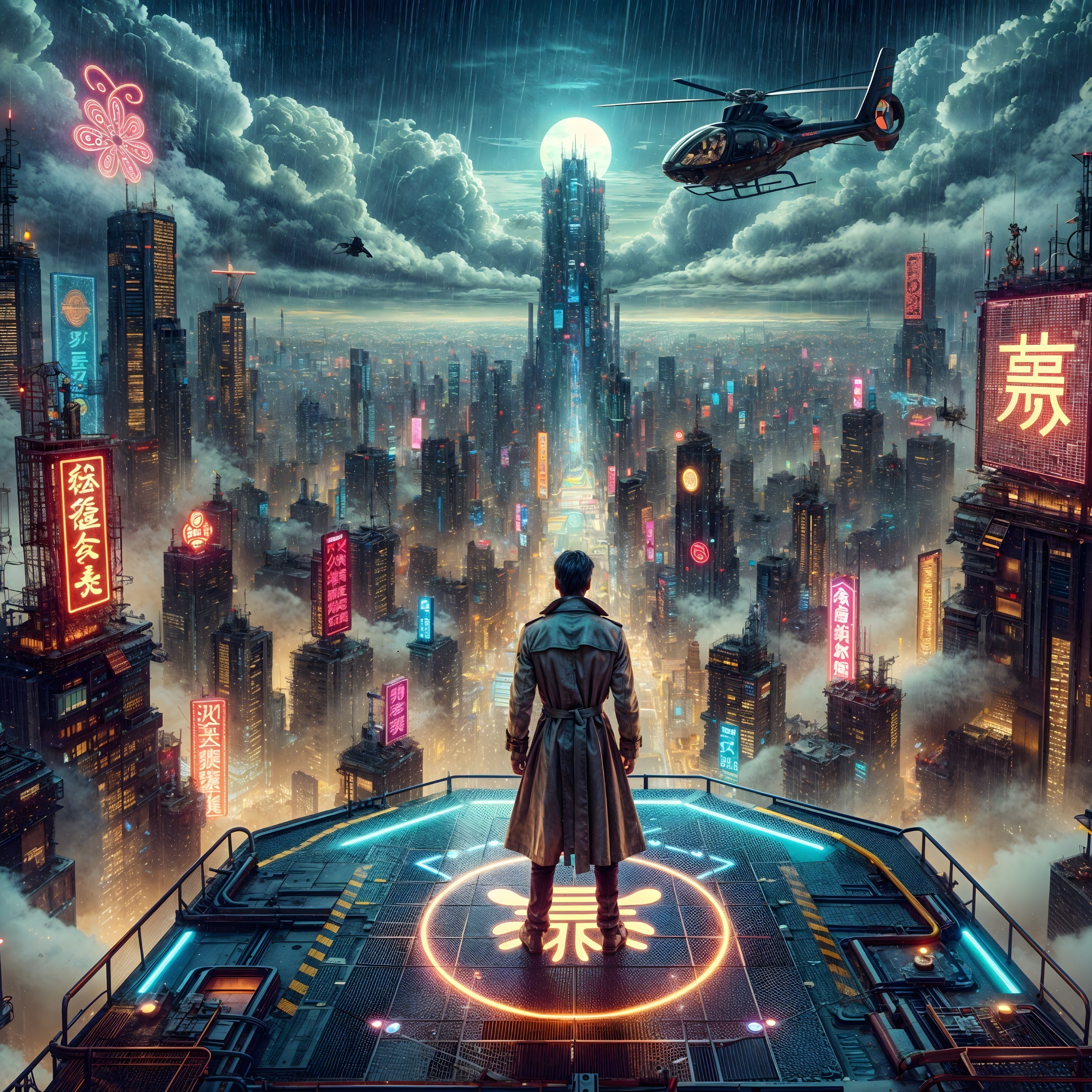Futuristic Cyberpunk Cityscape with Neon Lights and Rain