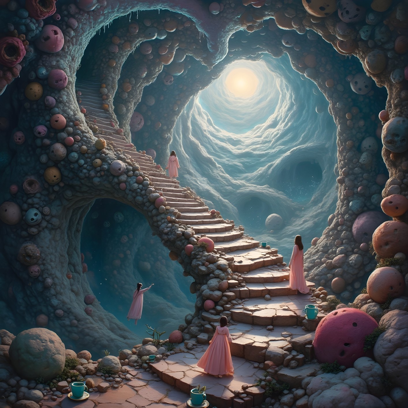 Surreal Cavern with Colorful Formations and Figures