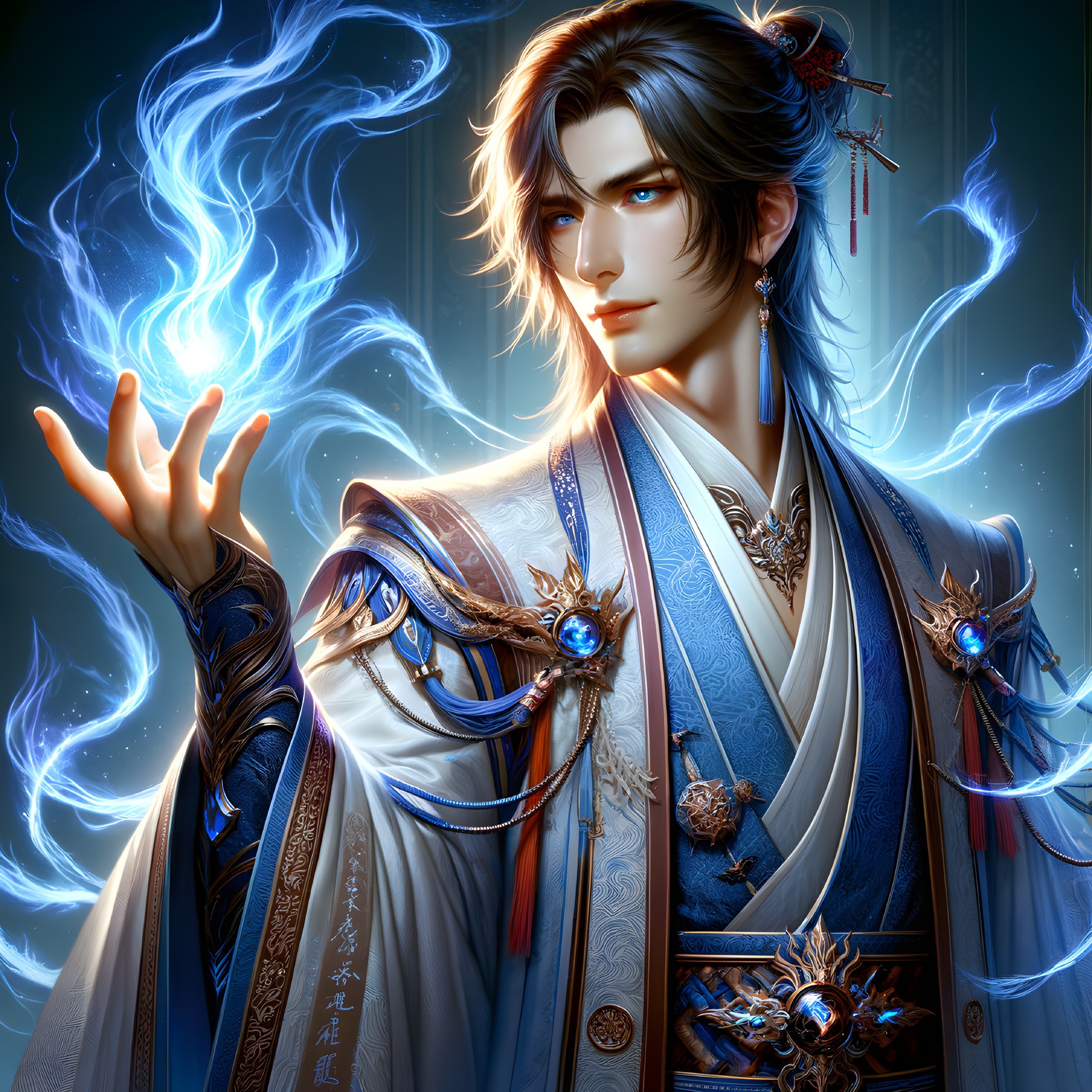 Ornate Robes and Glowing Orb Surrounded by Flames