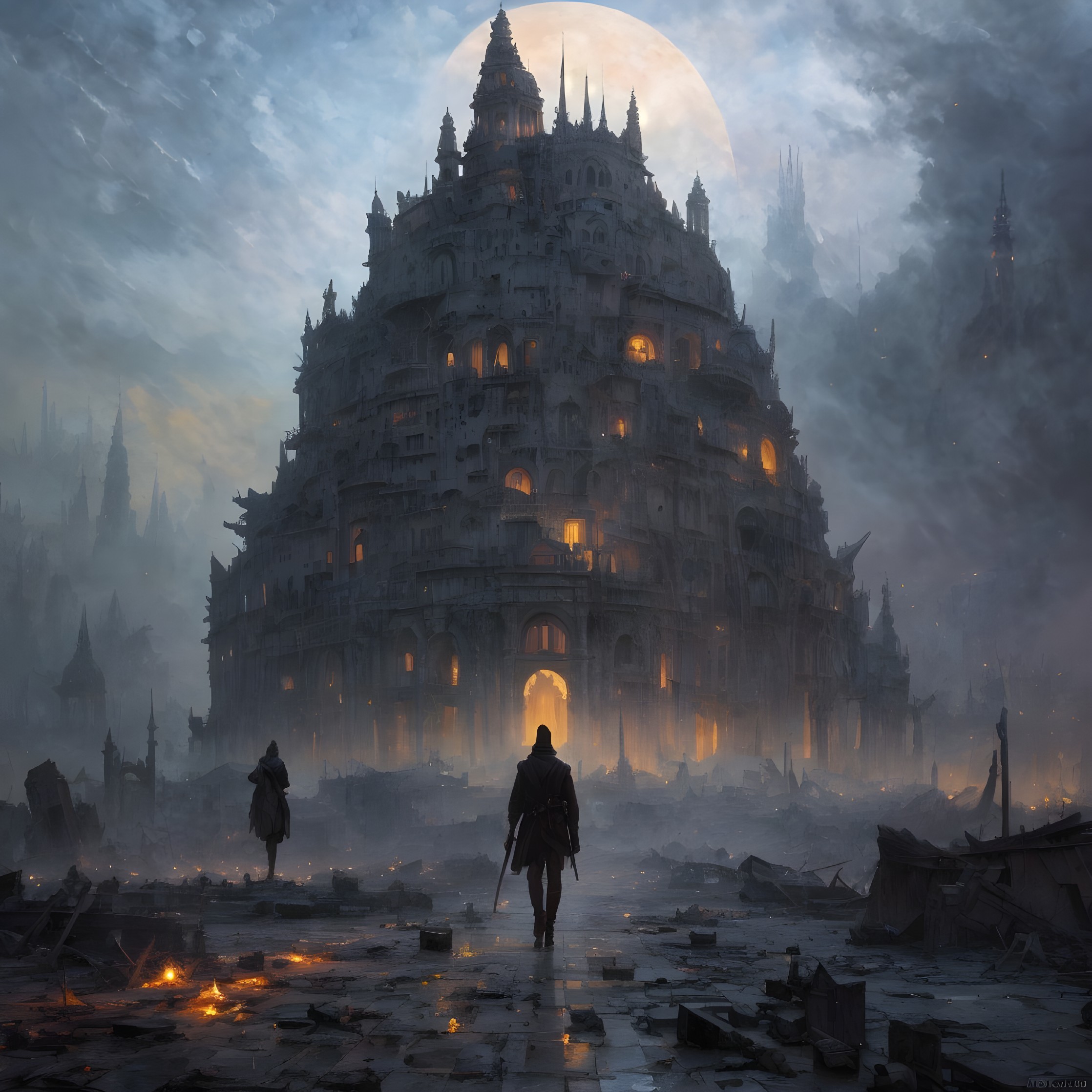 Person in front of lit tower in dark cityscape