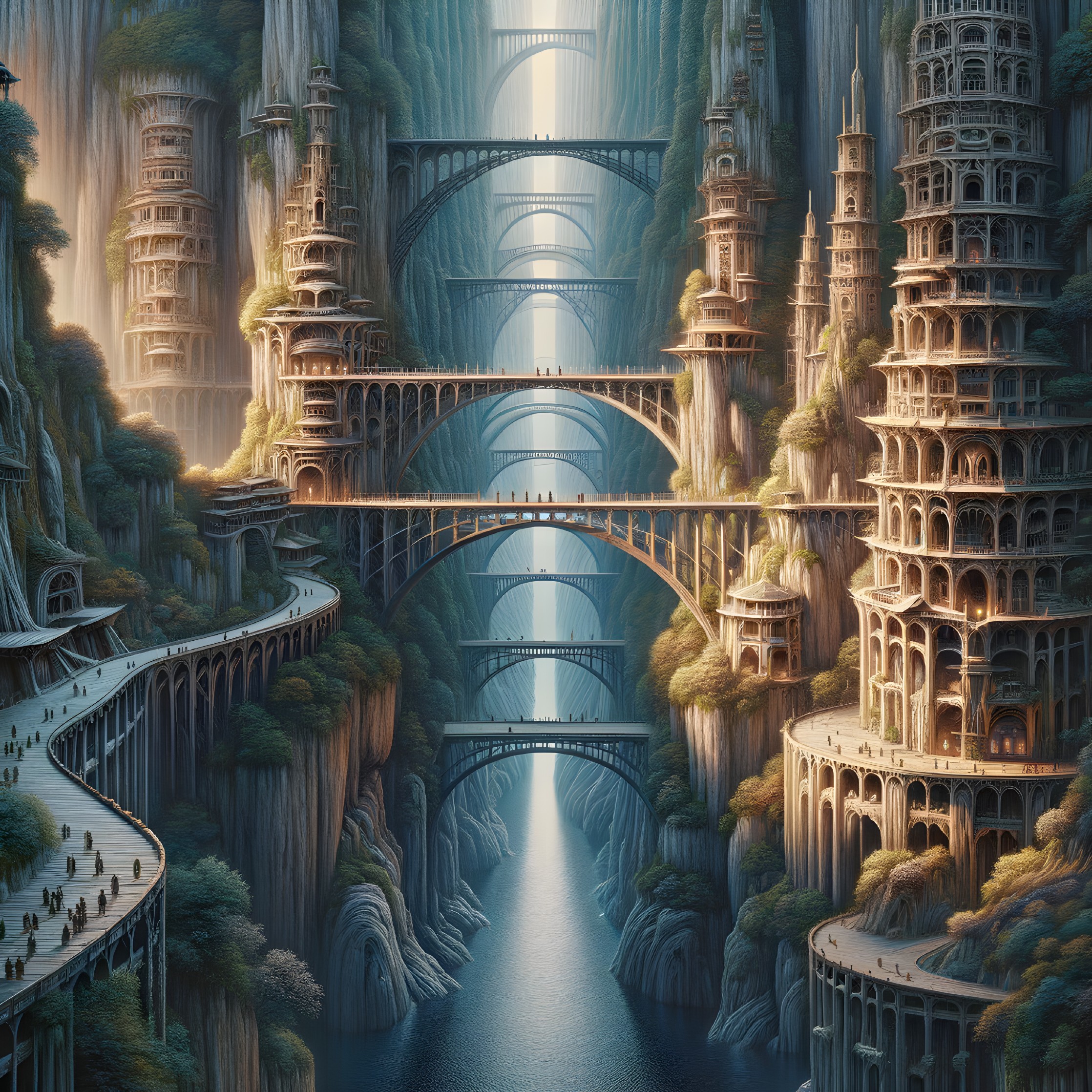 Fantasy Landscape with Towering Structures and River