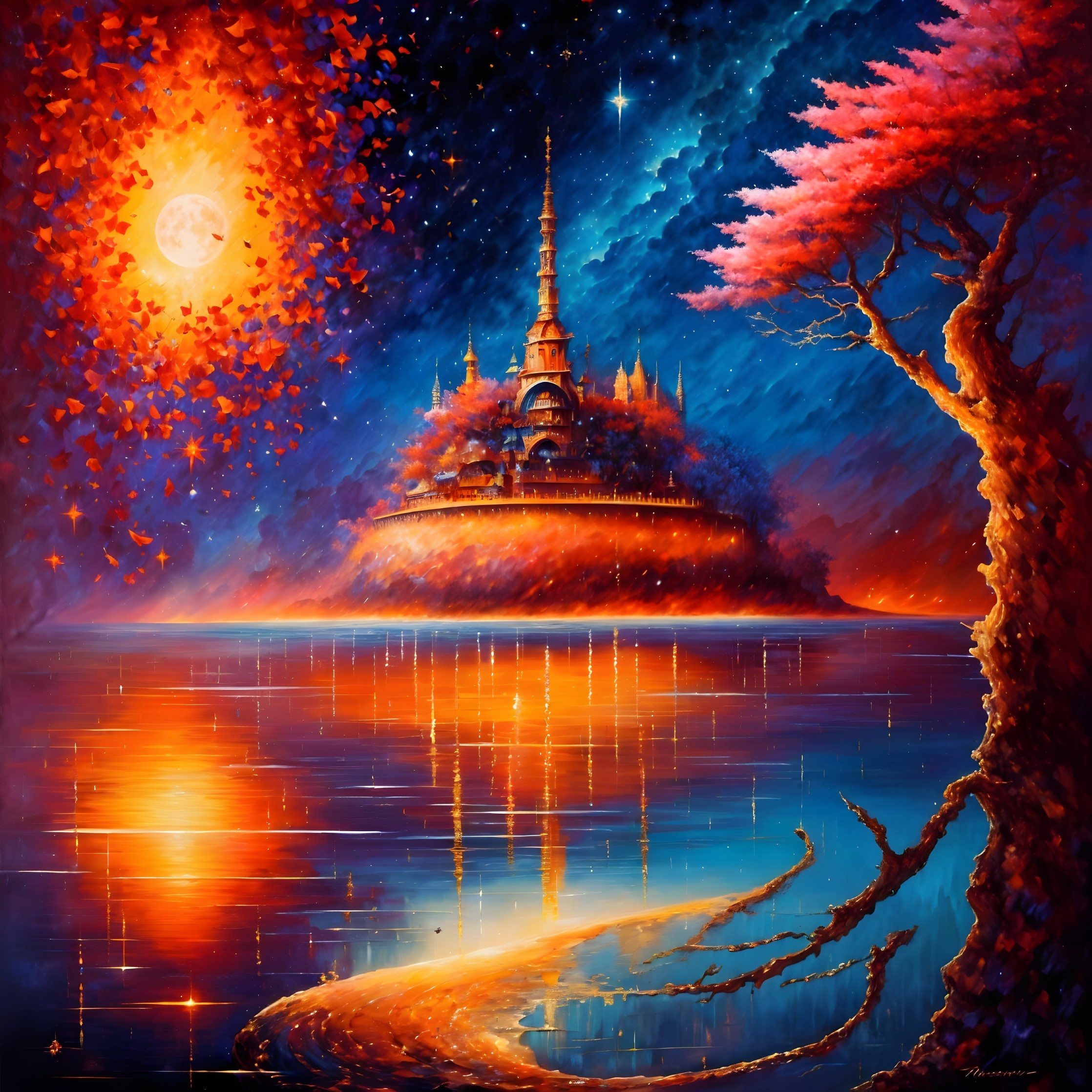 Vibrant Dreamlike Landscape with Floating Castle
