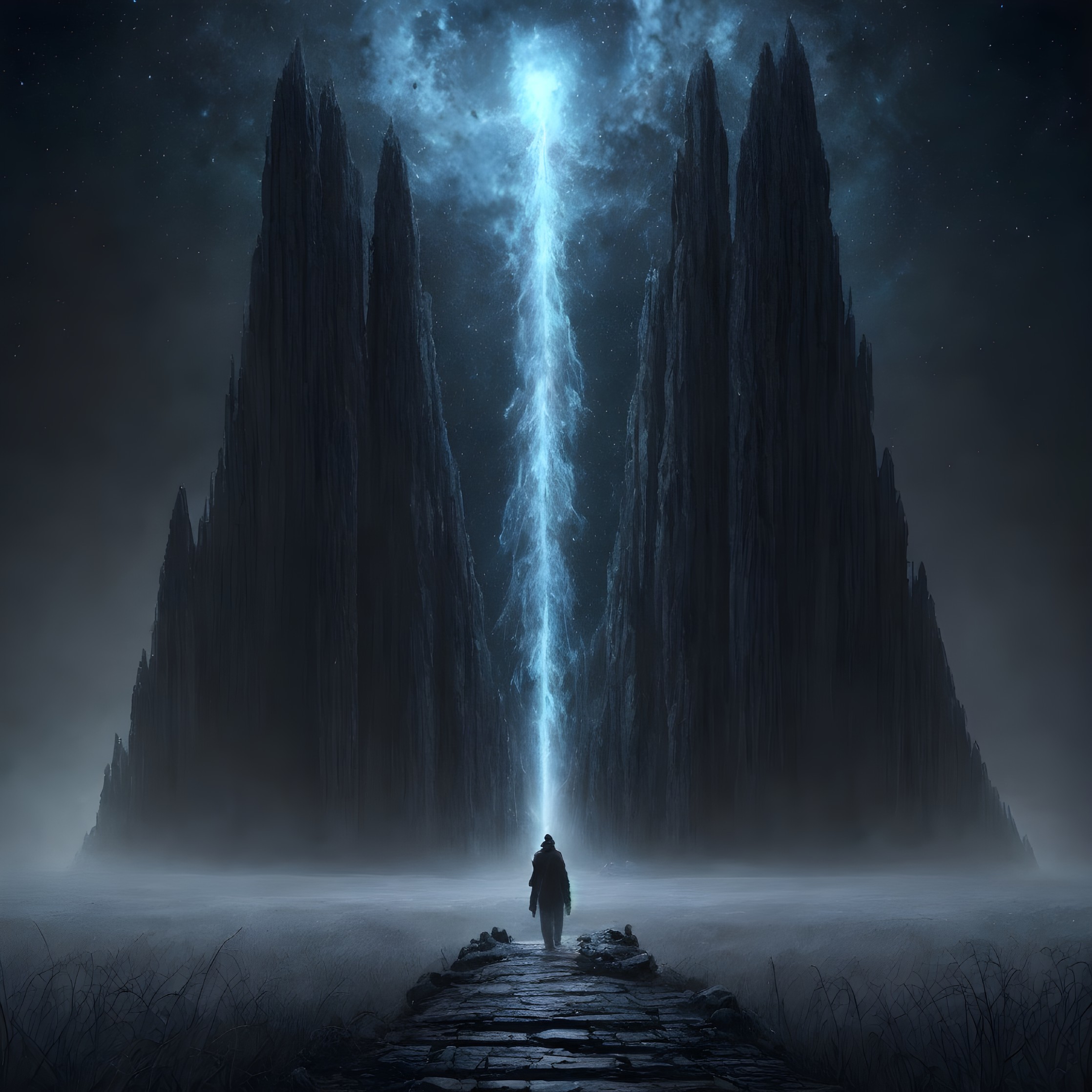 Lone figure on pathway under illuminated mountainscape