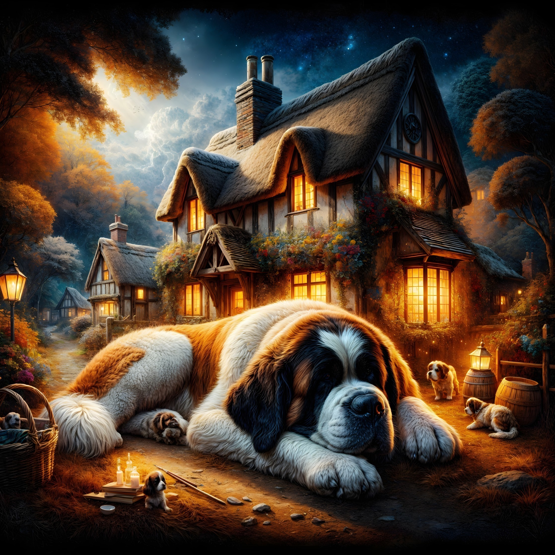 Serene Night Scene with St. Bernard and Cozy Cottage