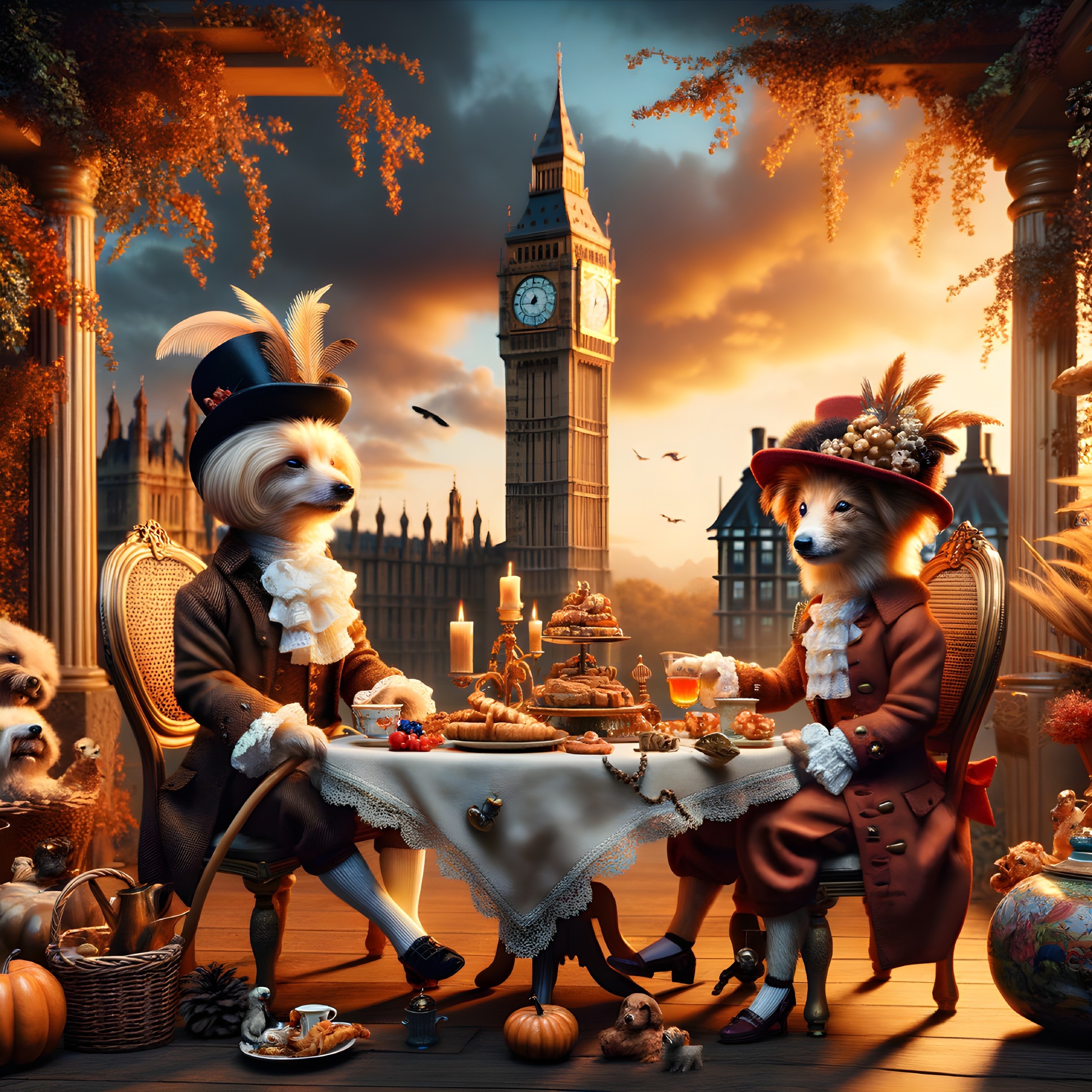 Whimsical Tea Party with Anthropomorphic Animals and Big Ben