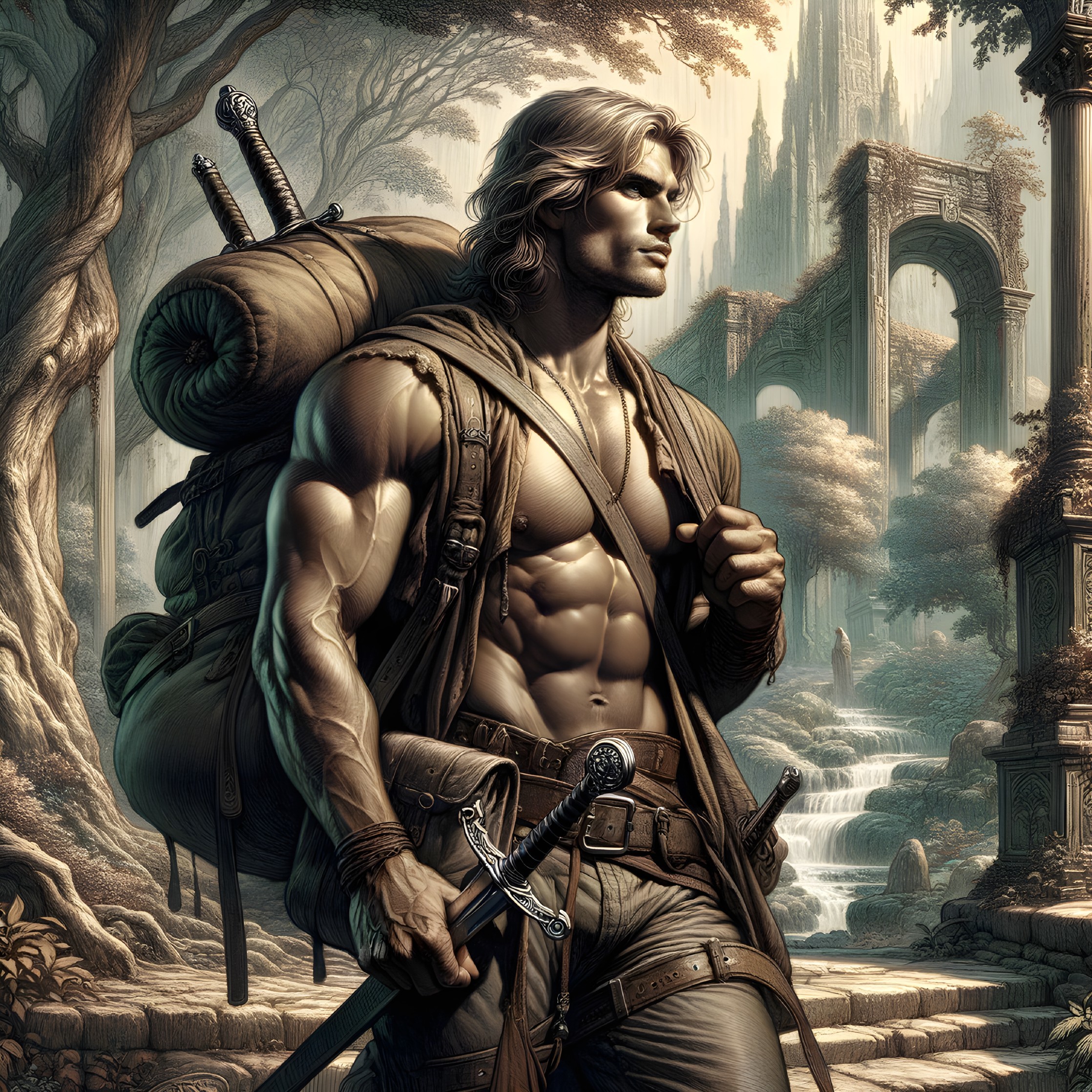 Muscular Warrior in Mystical Landscape with Ruins