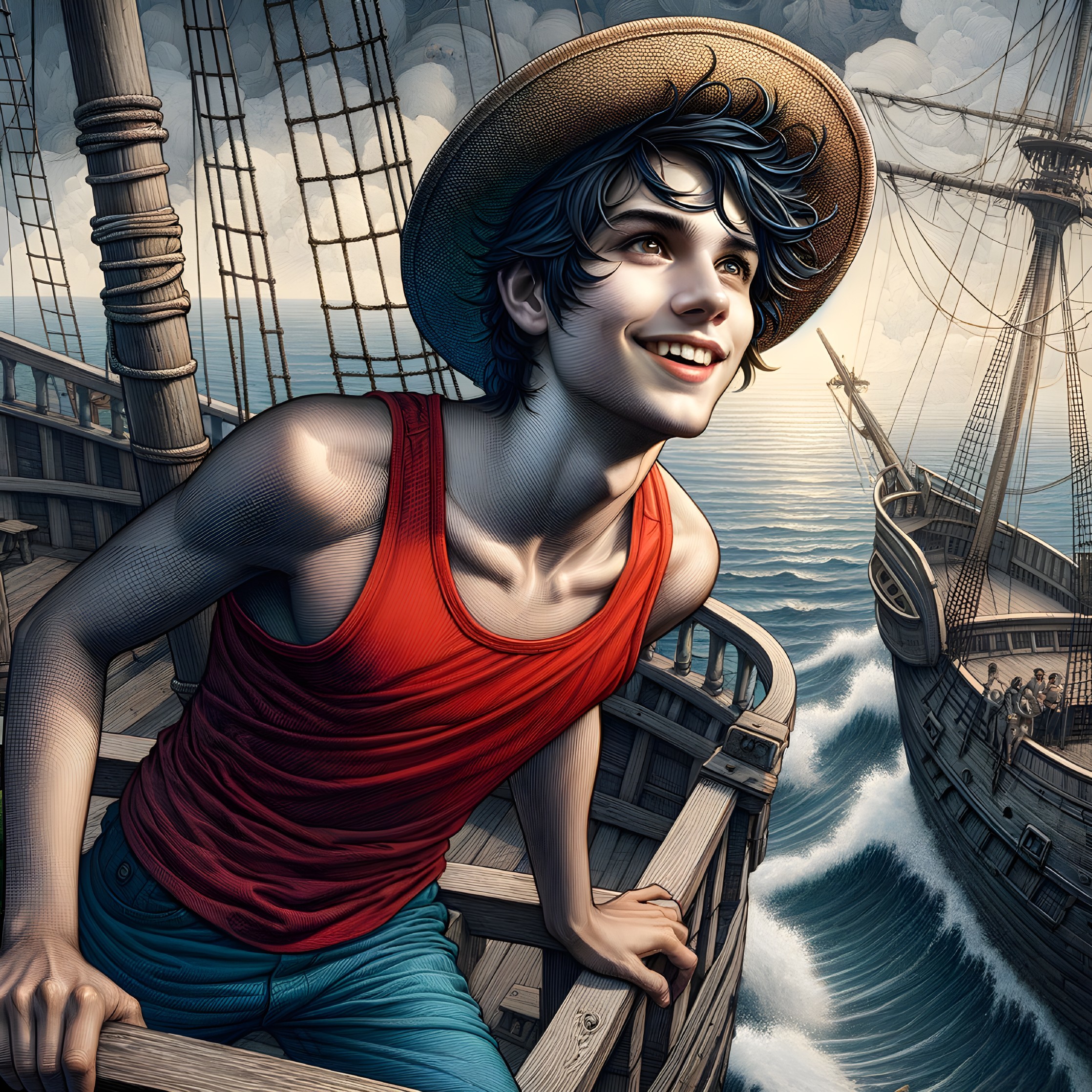 Young boy in red tank top on ship at sunset