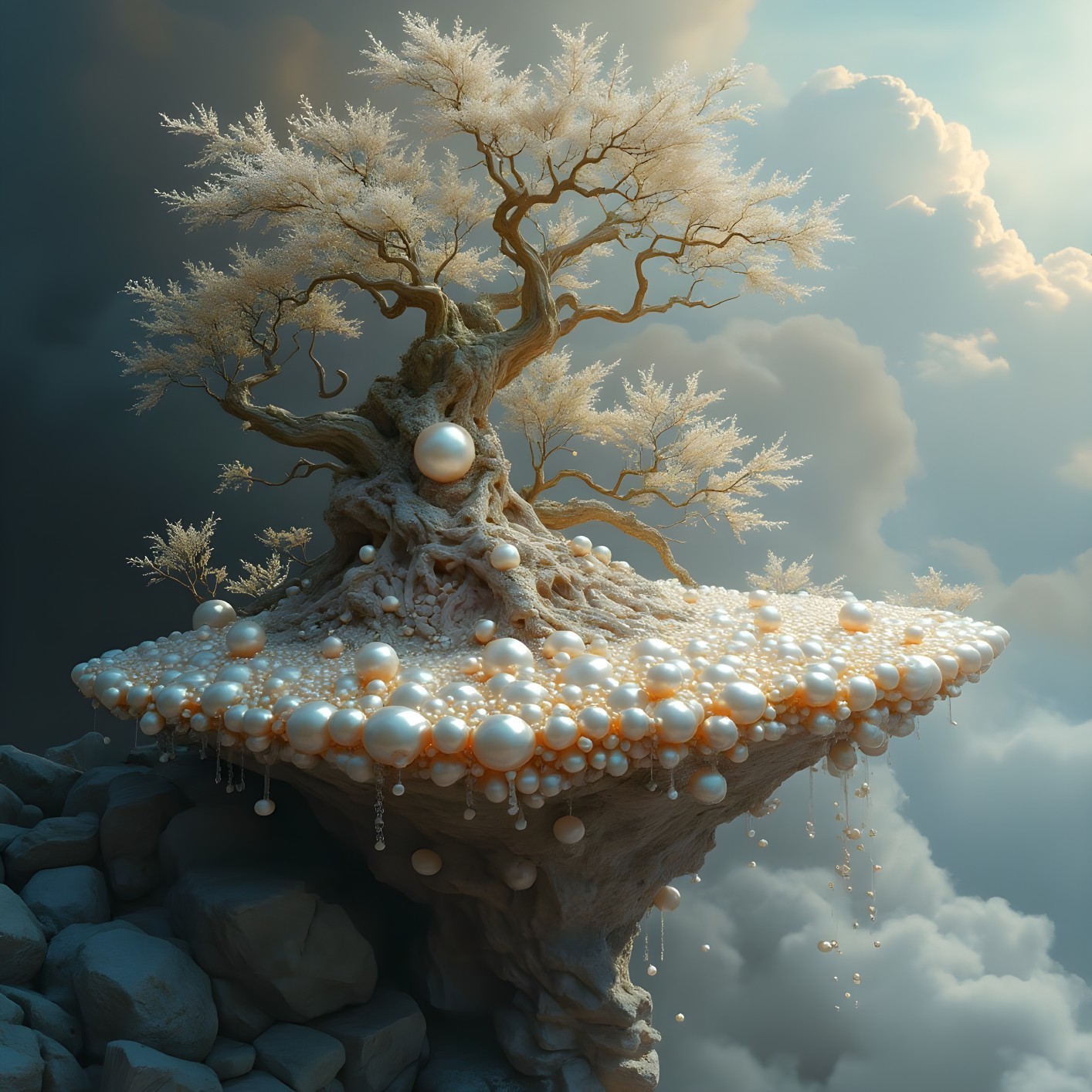 Surreal Tree on Floating Platform with Ethereal Light