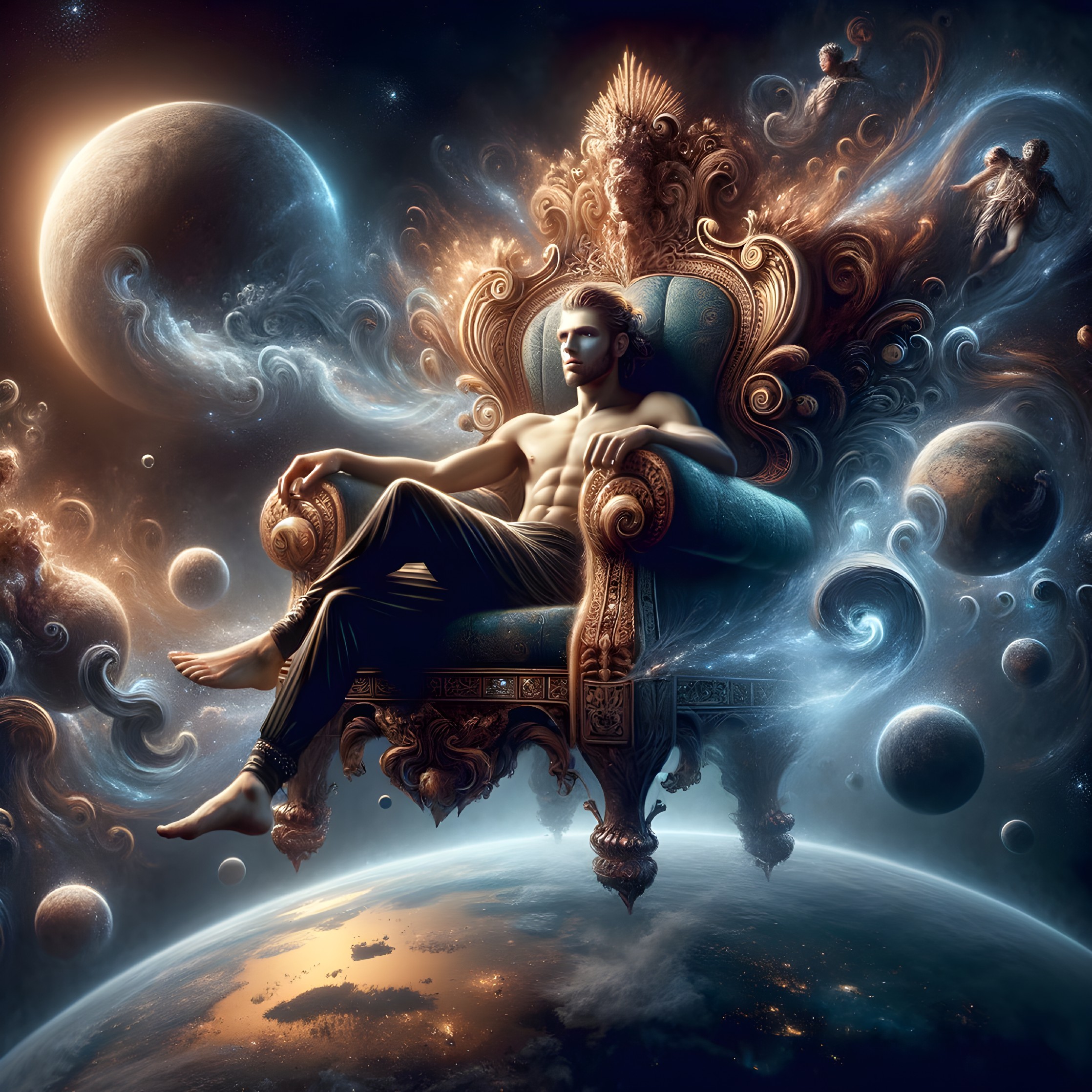 Regal Figure on Ornate Throne in Cosmic Setting