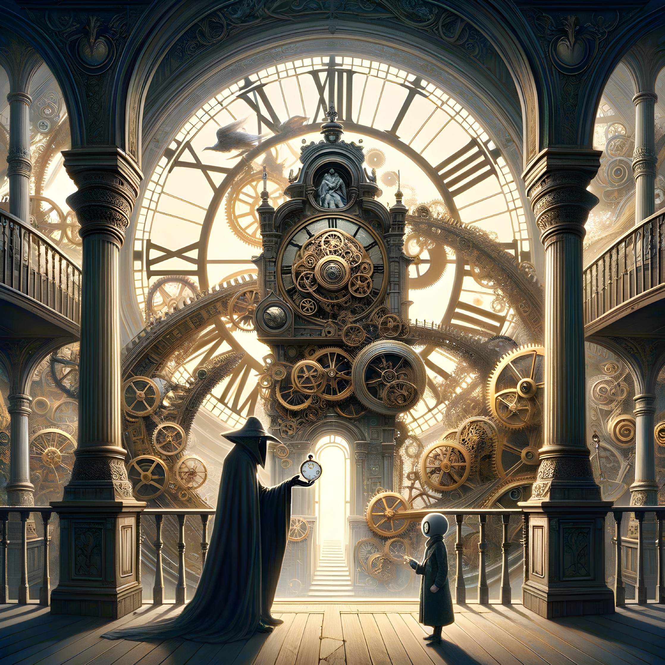 Cloaked Figure and Child in Mystical Clockwork Hall
