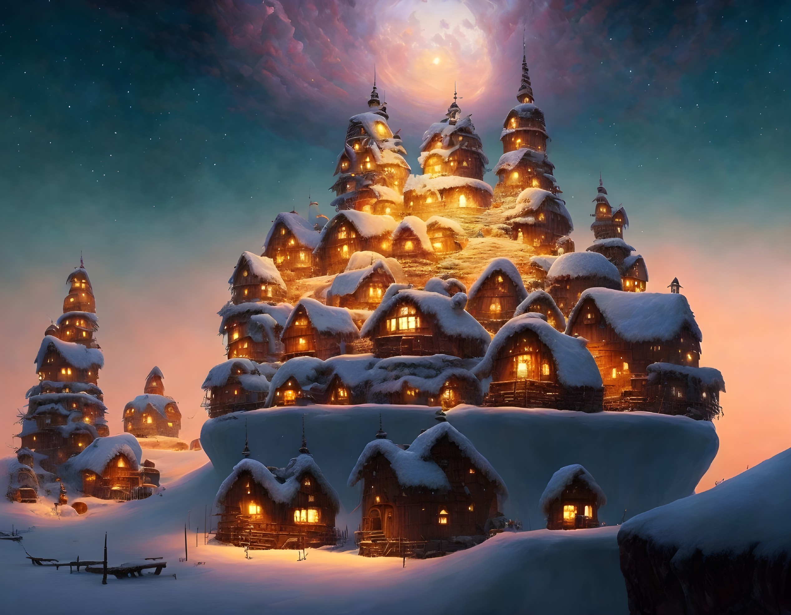 Snowy village at night: illuminated, multi-tiered buildings under starry sky