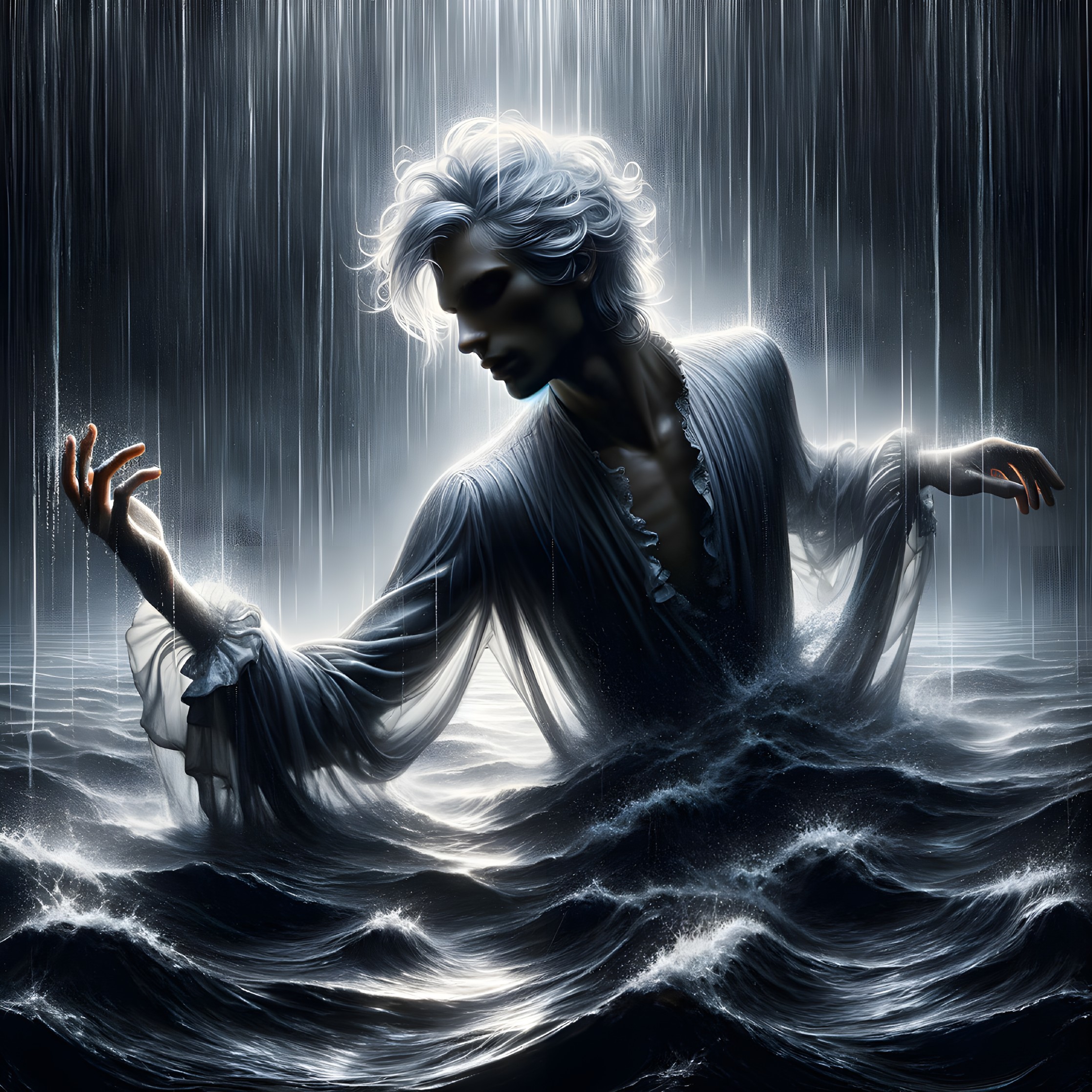 Serene Figure in Waves with Ethereal Light and Rain