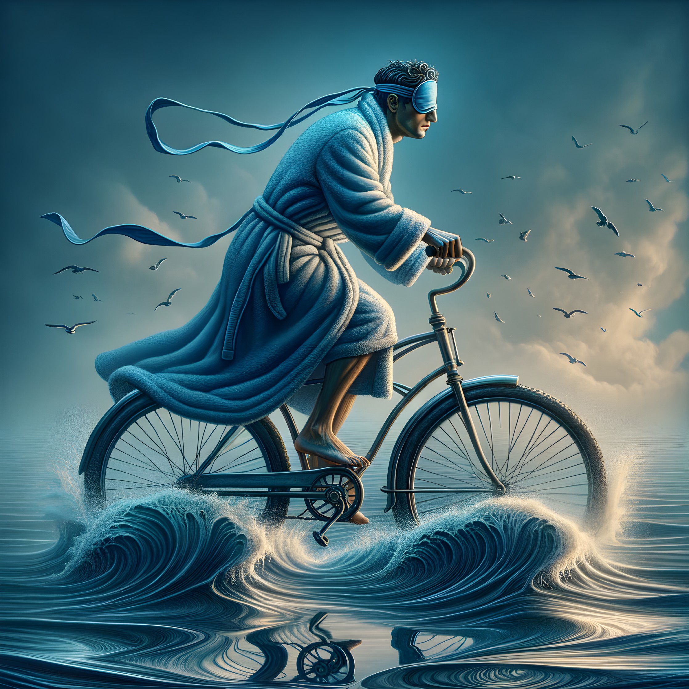Man in robe cycling on waves with blindfolded calmness
