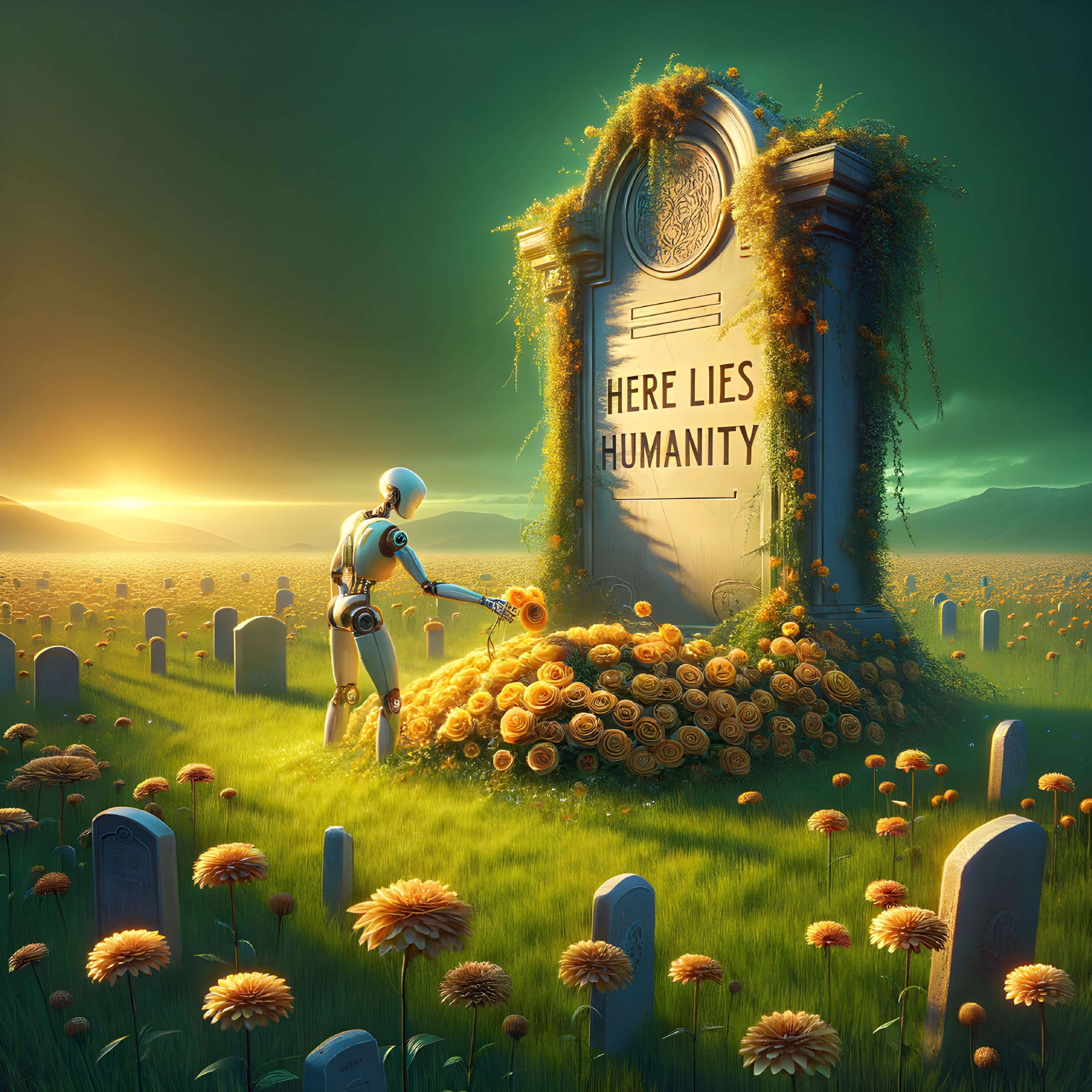 Robot Tending Gravestone in Serene Landscape