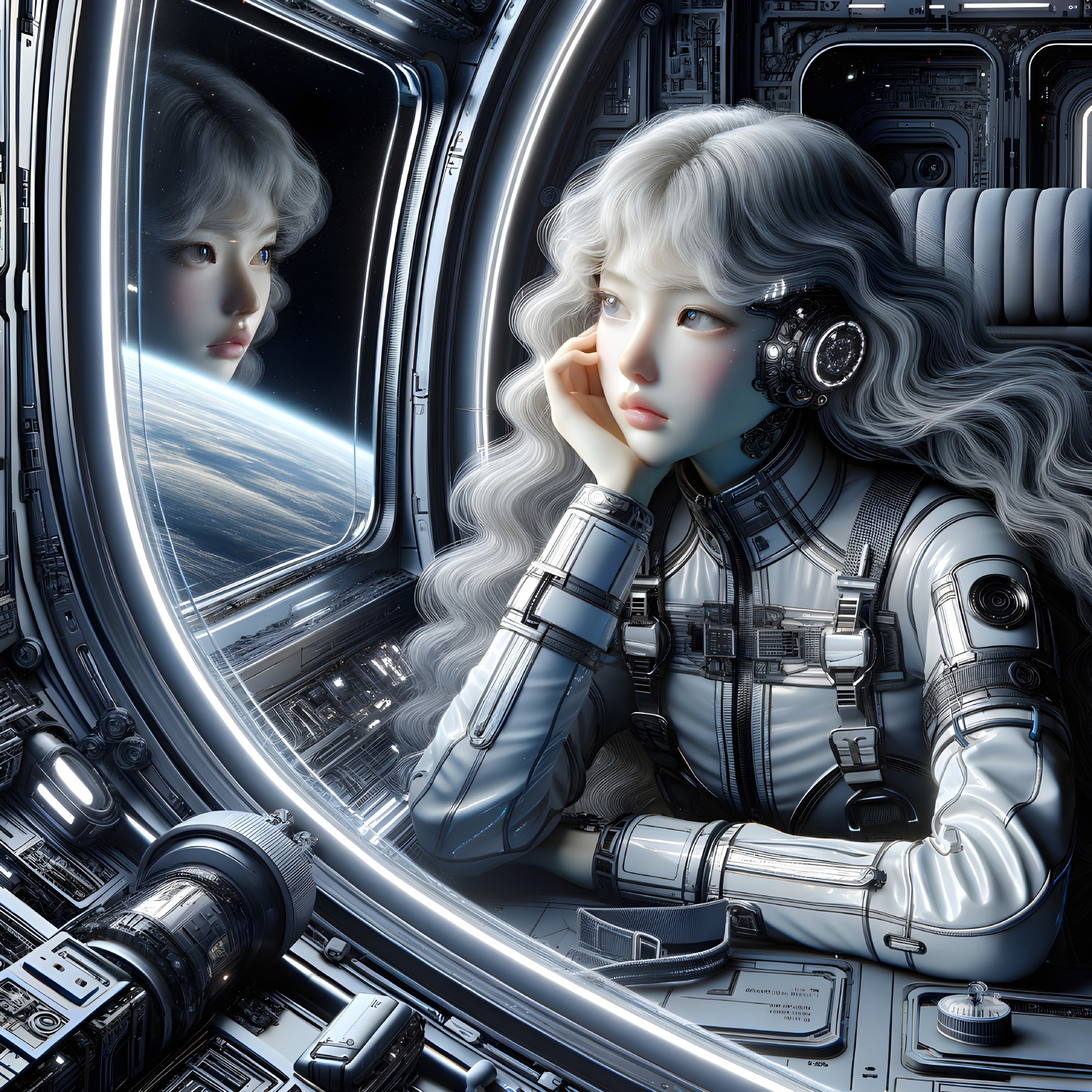 Futuristic Spacecraft Scene with Woman and Earth View