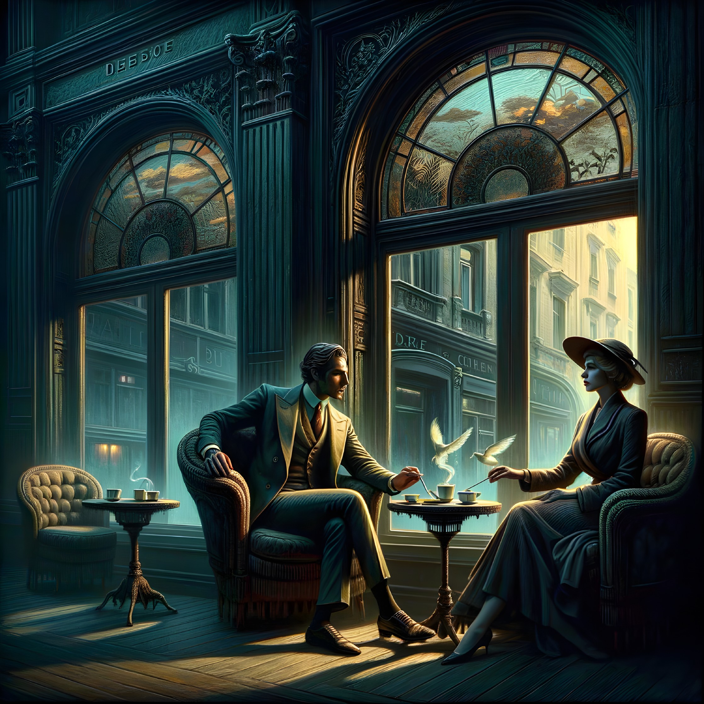 Intimate Conversation in a Dimly Lit Café Setting