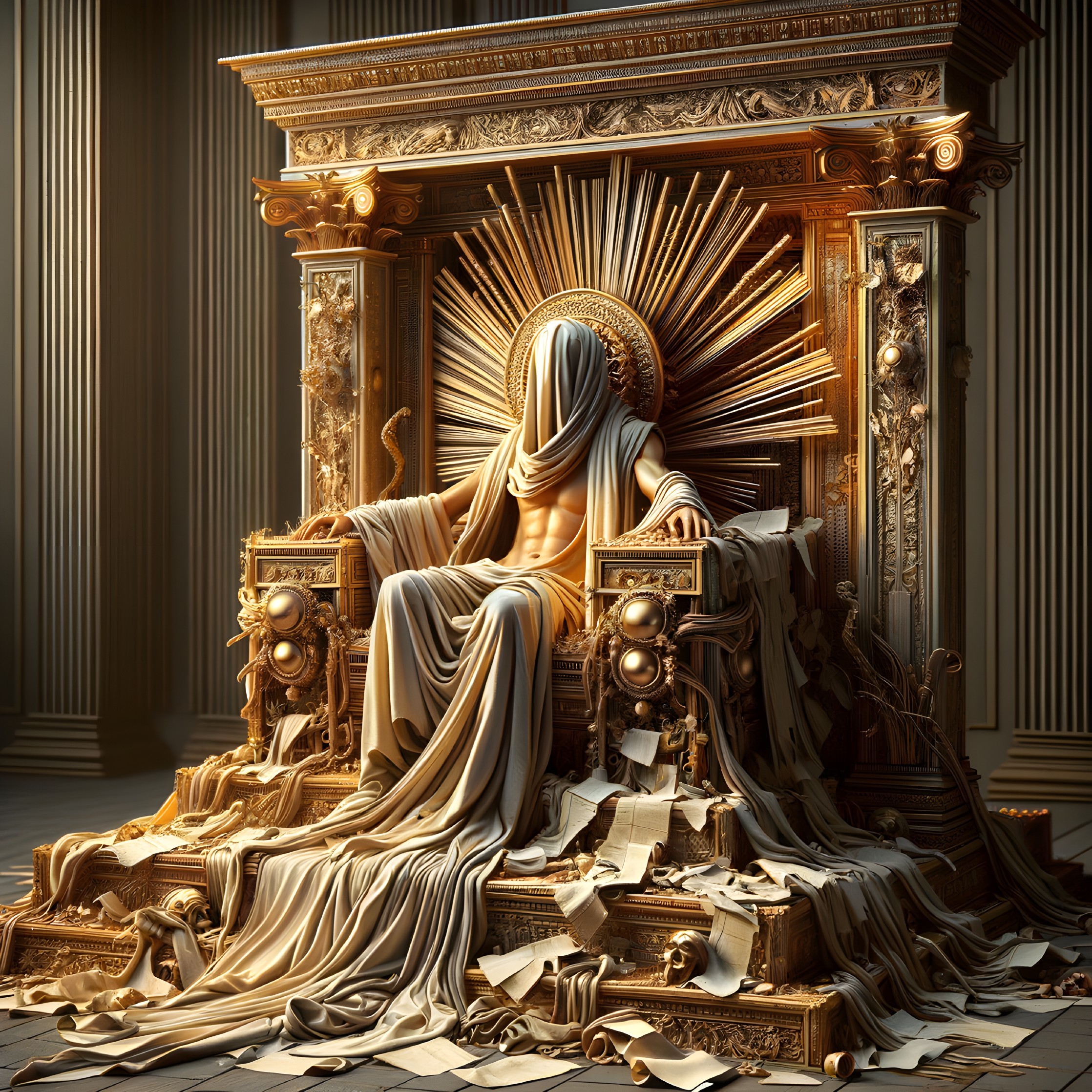 Veiled Figure on Golden Throne in Classical Hall