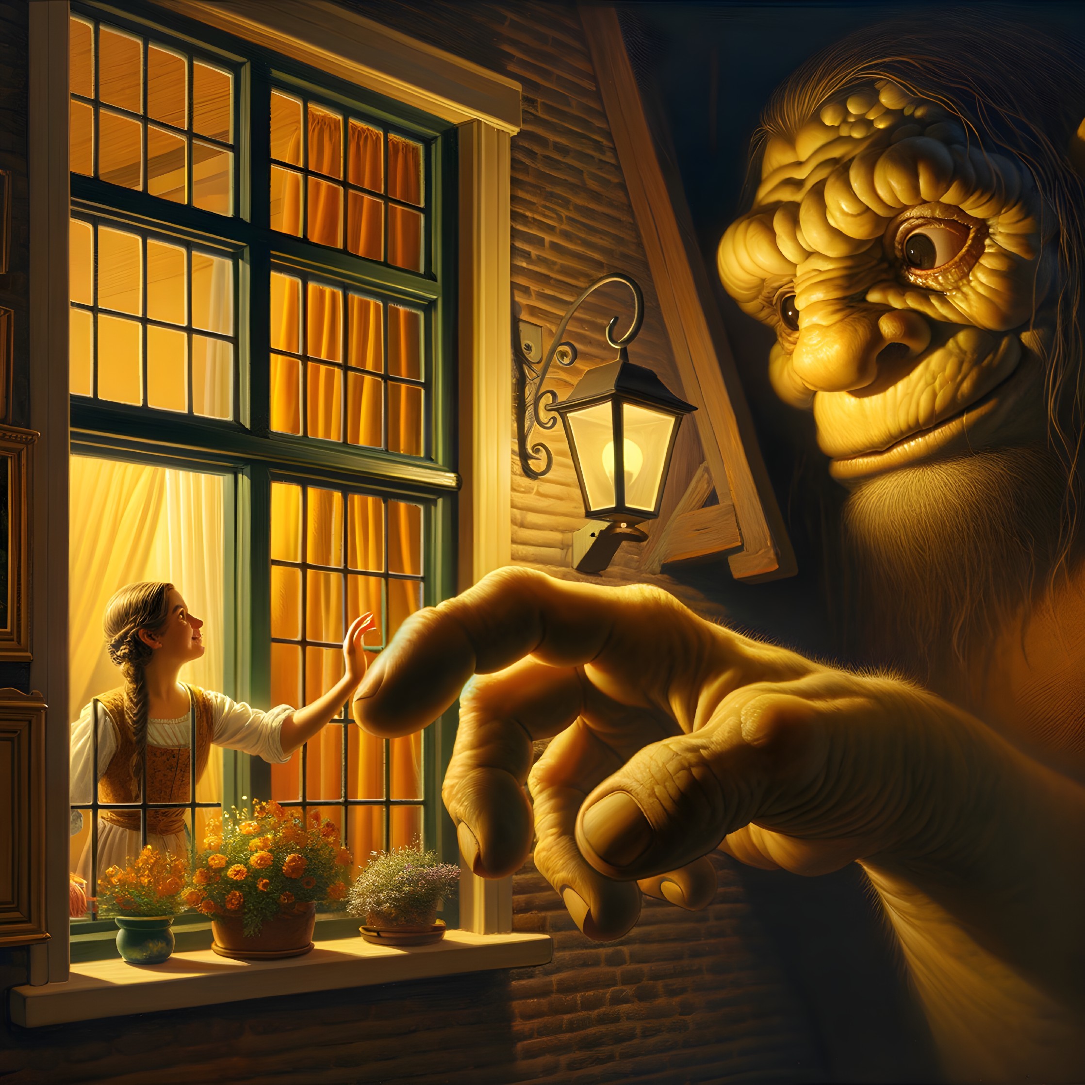 Cozy Window Scene with Woman and Friendly Giant