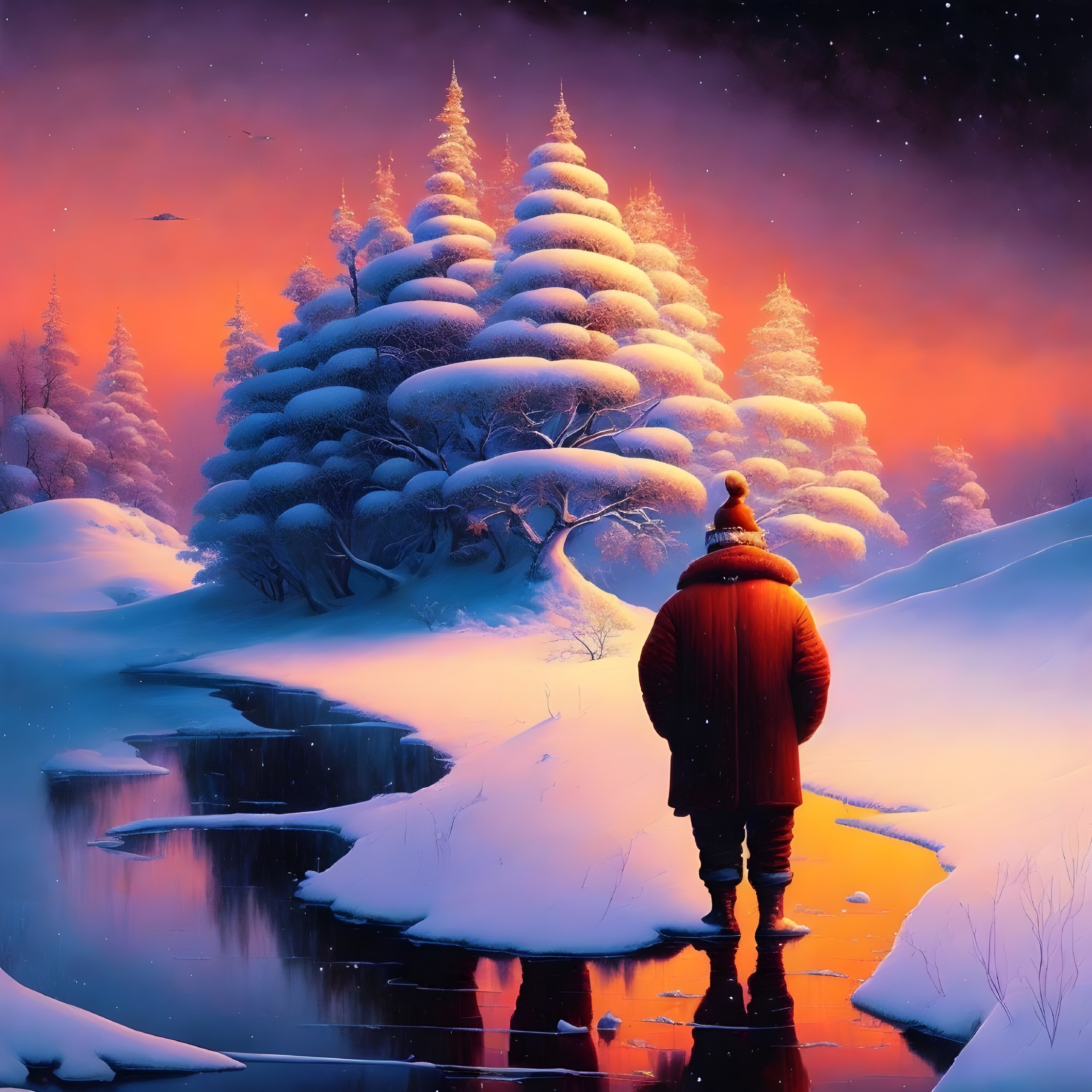 Winter Landscape with Figure by Frozen Stream