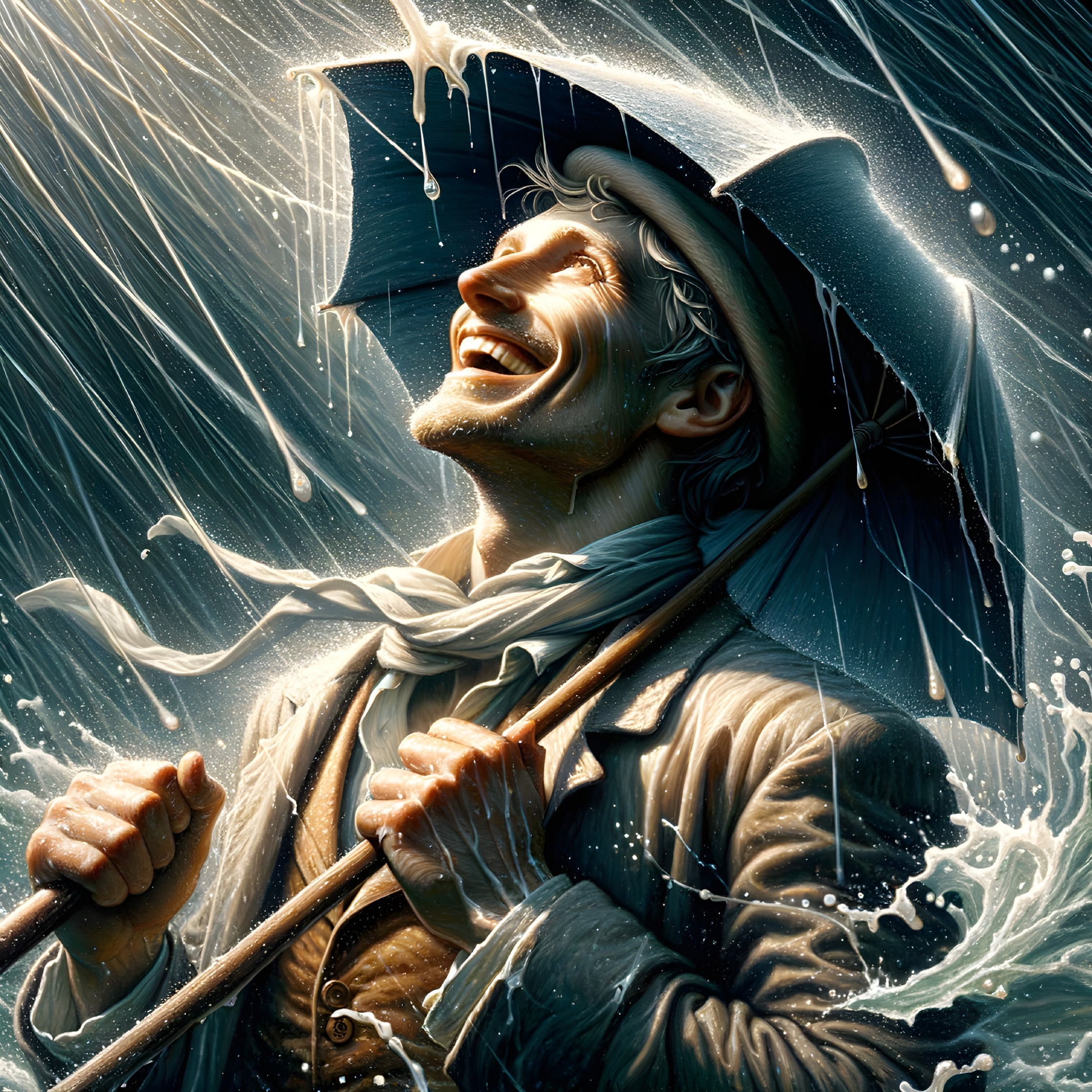 Joyful man in rain with umbrella and dynamic splashes