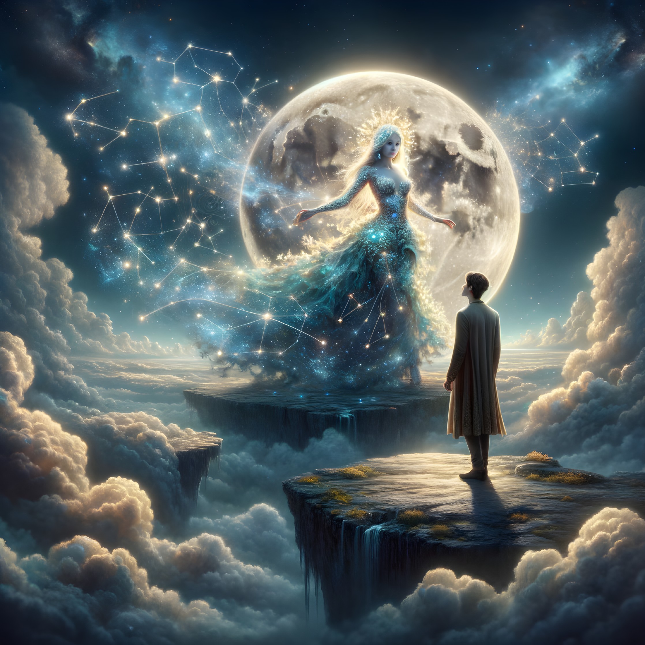 Celestial Figure in a Dreamscape with Luminous Moon