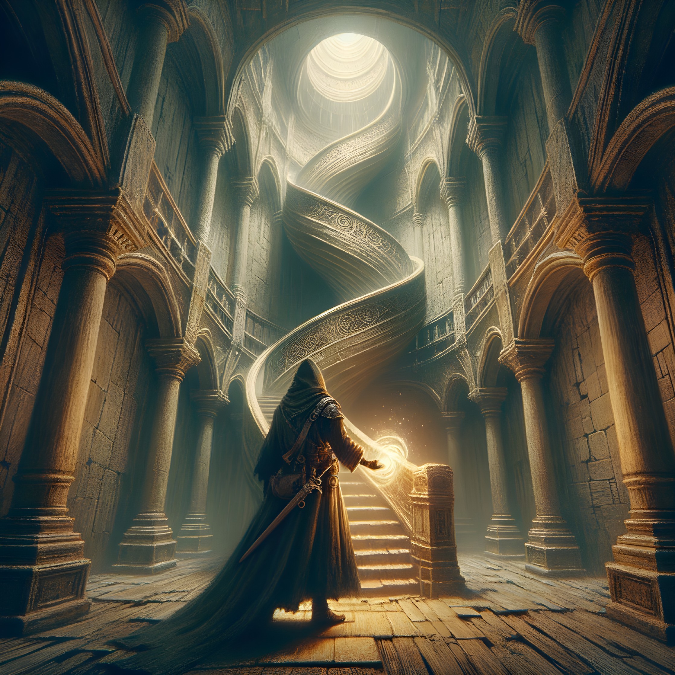 Hooded Figure in Ancient Hall with Spiraling Staircase