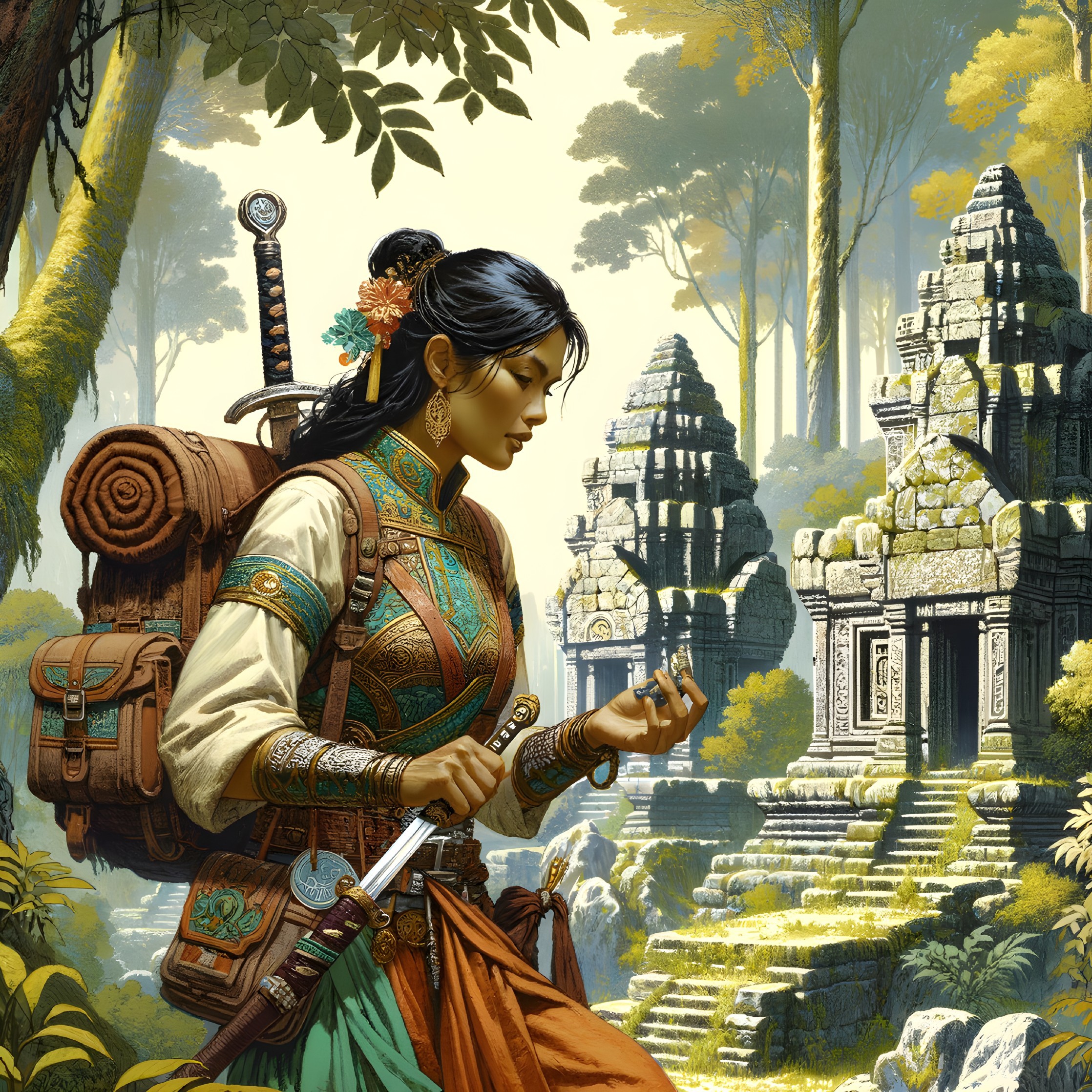 Young Woman Explores Ancient Temples in Lush Forest