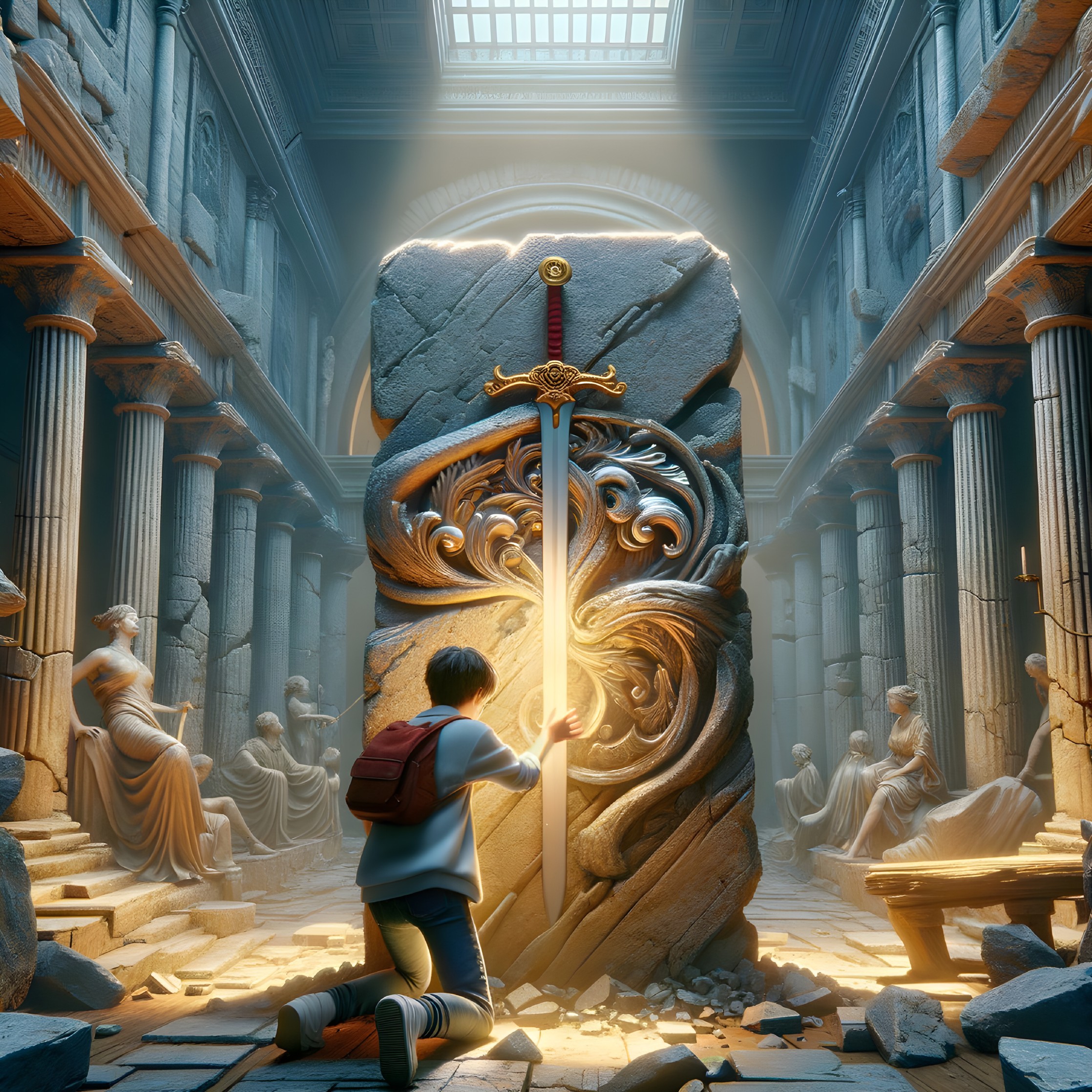 Ancient hall with glowing sword in stone slab