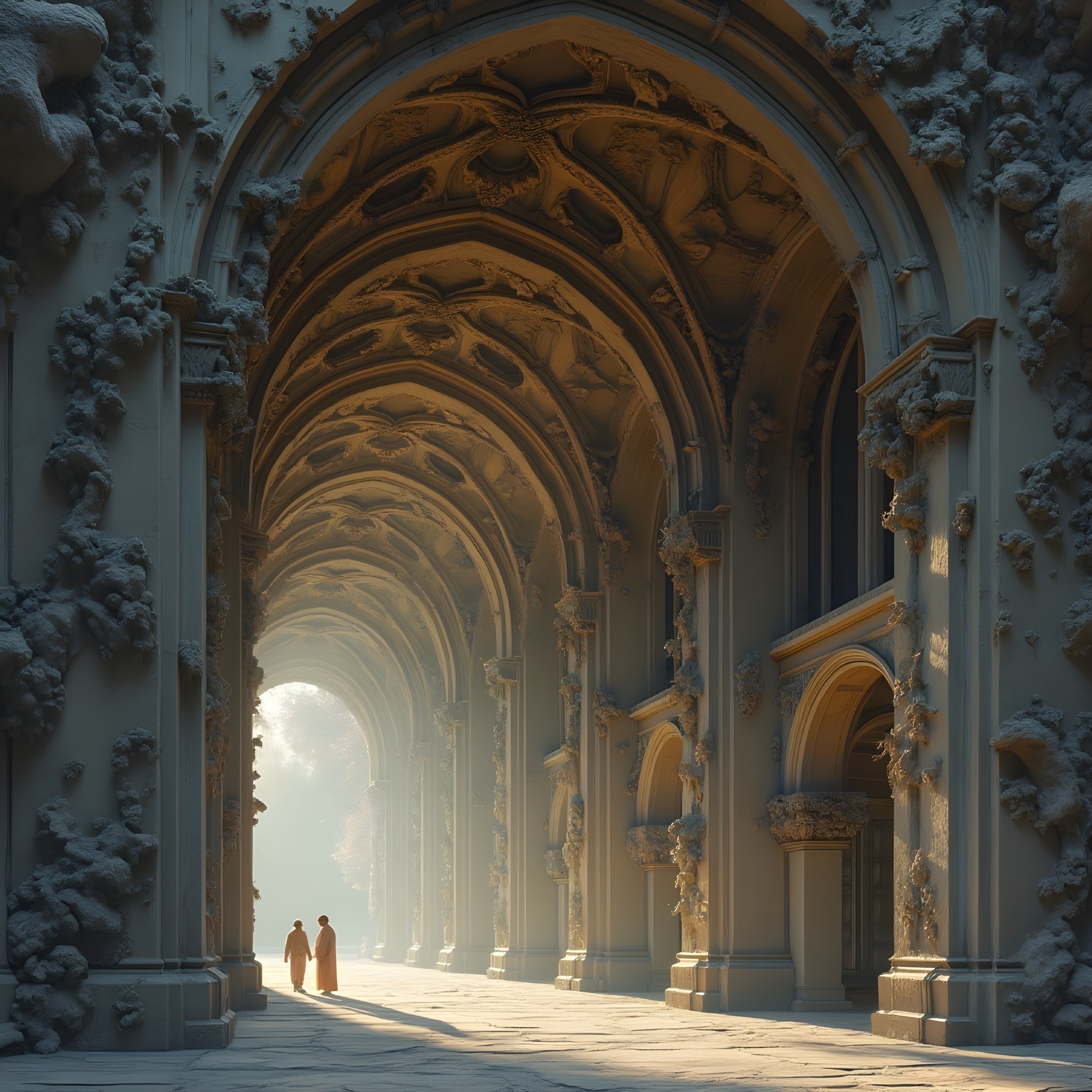 Grand Corridor with Intricate Arches and Soft Lighting